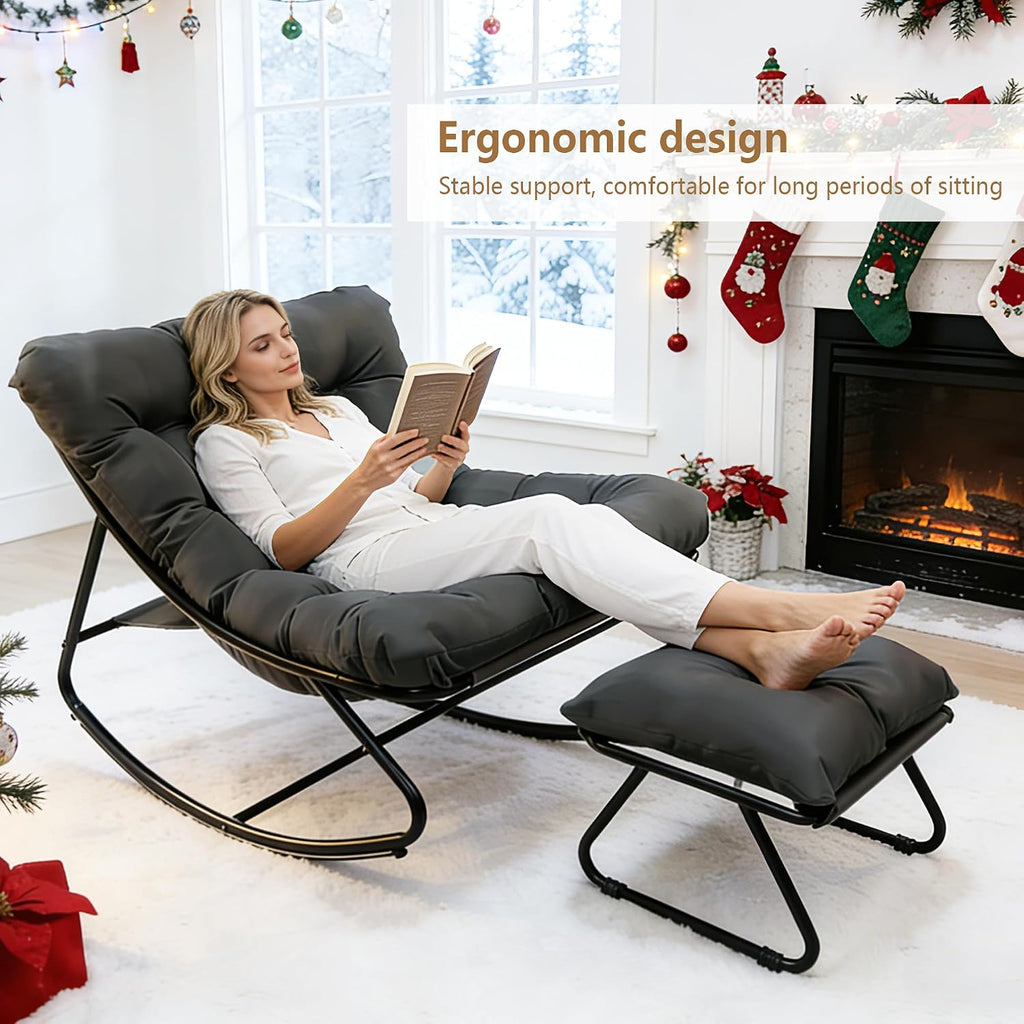 Outdoor Rocking Chair with Ottoman, Comfy Oversized Papasan Chair, Modern Upholstered Egg Gliders, 300 Lbs Wide Recliner Lounge Rocker for Bedroom, Living Room, Patio, Porch, Balcony (Grey)