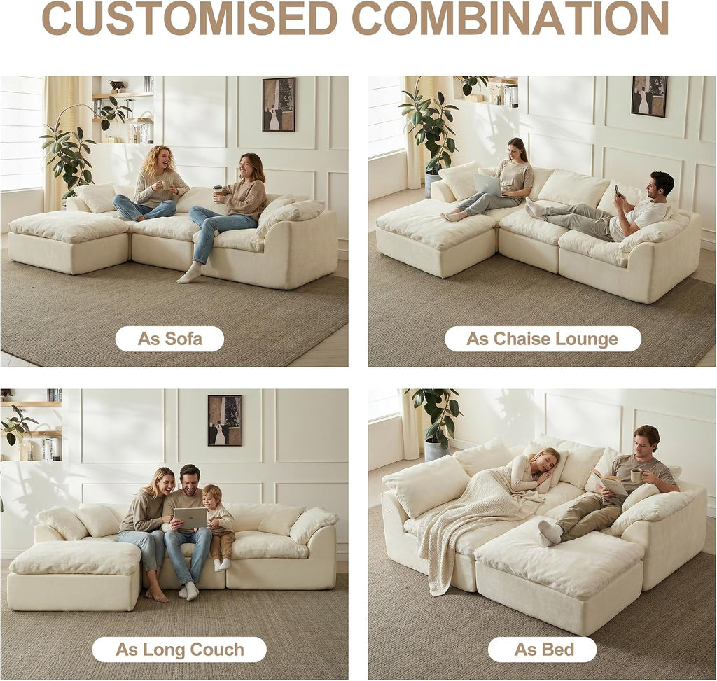 110' Cloud Sectional Couches for Living Room, Convertible L-Shape Boneless Couch with Ottoman, 3 Seater Compressed Sofa Bed Modular Sectional Sofa (Beige)