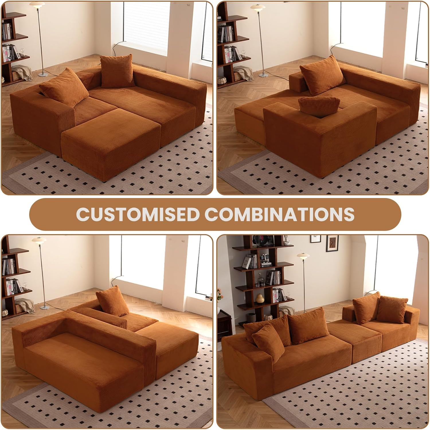 108' L-Shaped Boneless Couch, Modular Sectional Sofa with Moveable Ottoman, Corduroy Cloud Couches for Living Room, No Assembly, Ship in a Box, Burnt Orange