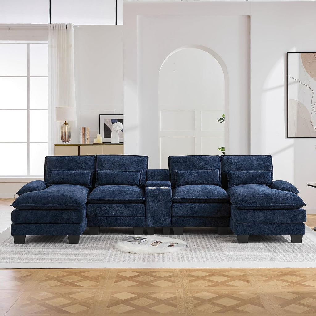 125'' U Shaped Cloud Modular Sofa with Chaise Lounges, Upholstered Comfy Sectional Couch with Storage Console, USB Charging & Cup Holders, Small Deep Seat Sofa for Living Room, Sherpa- Chenille Navy