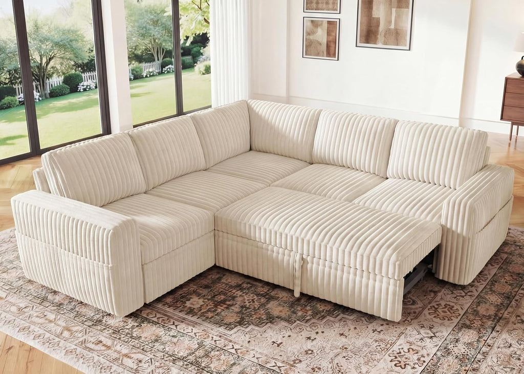 HONBAY Modular Sectional Sleeper Sofa with Pull Out Bed,Corduroy L Shaped Couch with Storage, Sectional Couches for Living Room,Beige