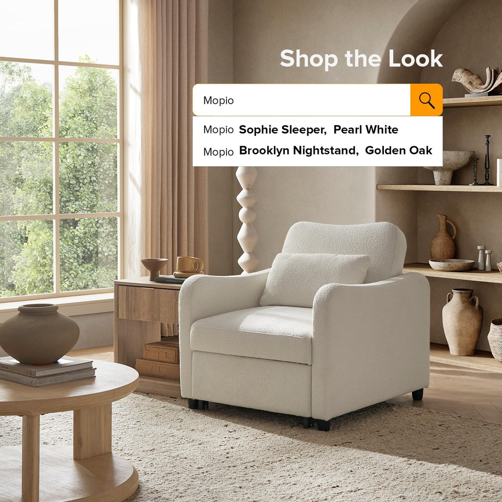 mopio Sophie 4-in-1 Convertible Sleeper Chair Bed, Accent Chair, Chaise Lounge, Comfy Reading Armchair, Pull Out Sofa Bed with Adjustable Backrest for Living Room, Bedroom (Pearl White Boucle)