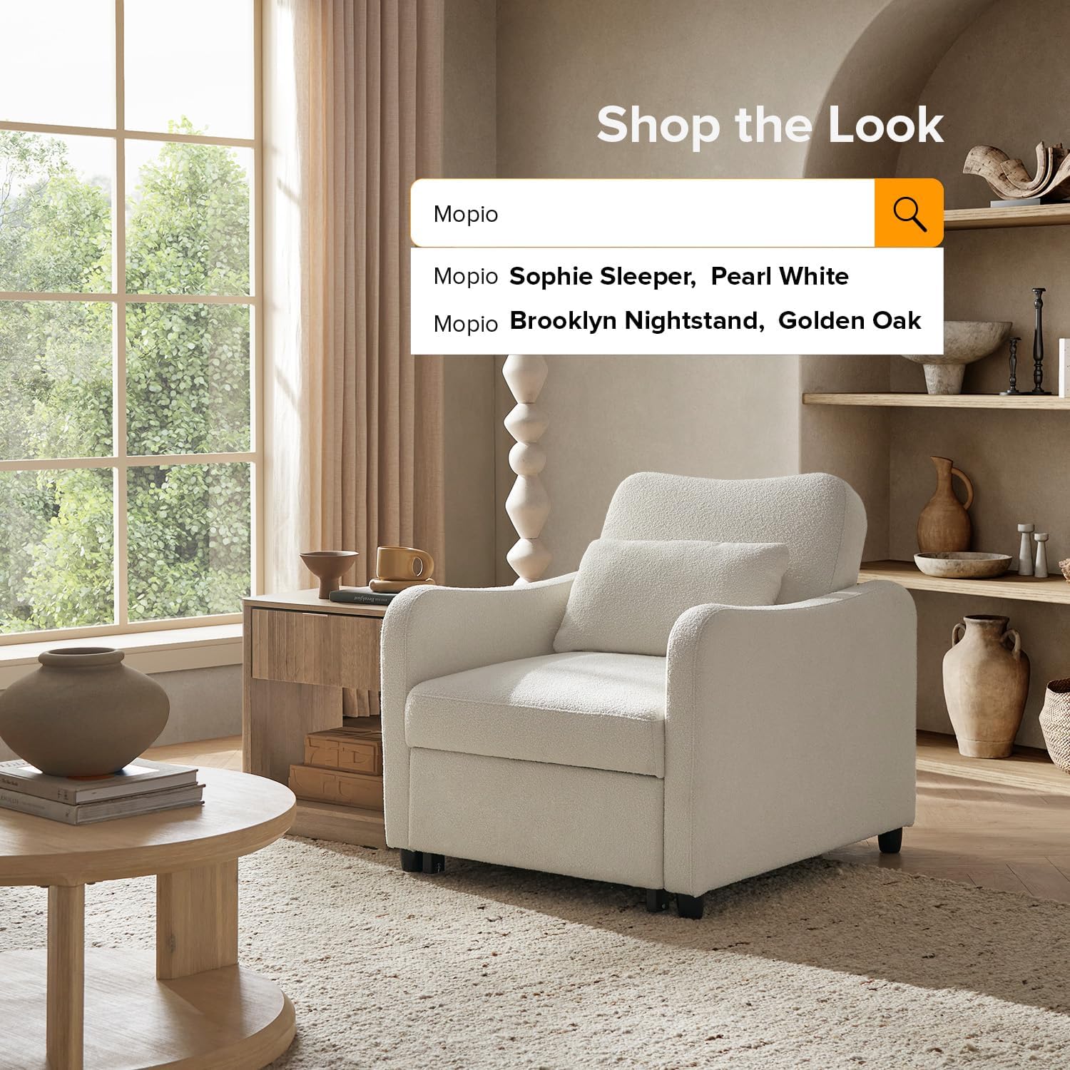 mopio Sophie 4-in-1 Convertible Sleeper Chair Bed, Accent Chair, Chaise Lounge, Comfy Reading Armchair, Pull Out Sofa Bed with Adjustable Backrest for Living Room, Bedroom (Pearl White Boucle)