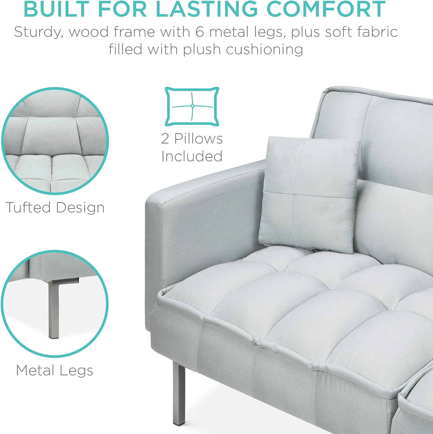 Best Choice Products Convertible Linen Fabric Tufted Split-Back Plush Futon Sofa Furniture for Living Room, Apartment, Bonus Room, Overnight Guests w/ 2 Pillows, Wood Frame, Metal Legs - Light Gray