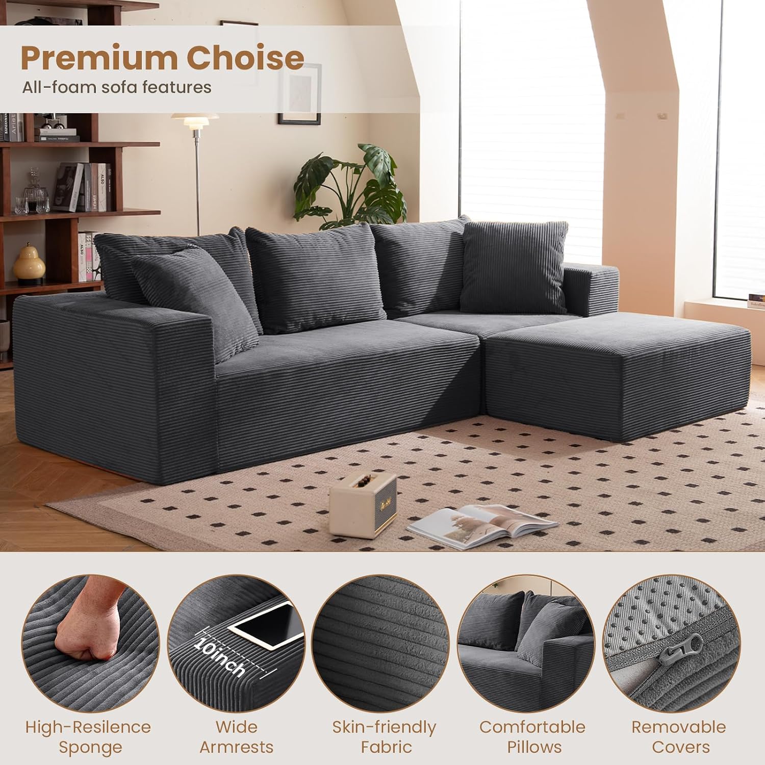 108' L-Shaped Boneless Couch, Modular Sectional Sofa with Moveable Ottoman, Corduroy Cloud Couches for Living Room, No Assembly, Ship in a Box, Ash Gray