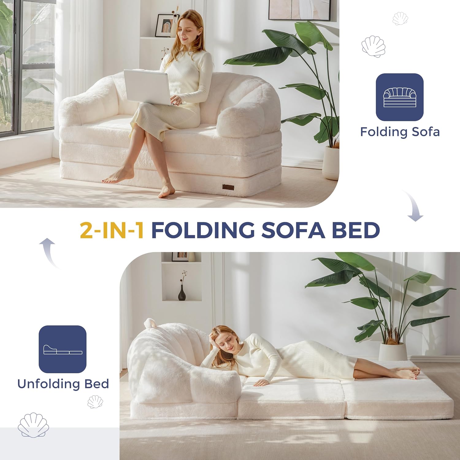 MAXYOYO Folding Sofa Bed, 2 in 1 Convertible Sofa to Lounger Comfy Loveseat Bean Bag Chair for Adults, Floor Sleeper Couch with Handle, Faux Fur Couch Bed for Living Room Bedroom, Beige, Loveseat