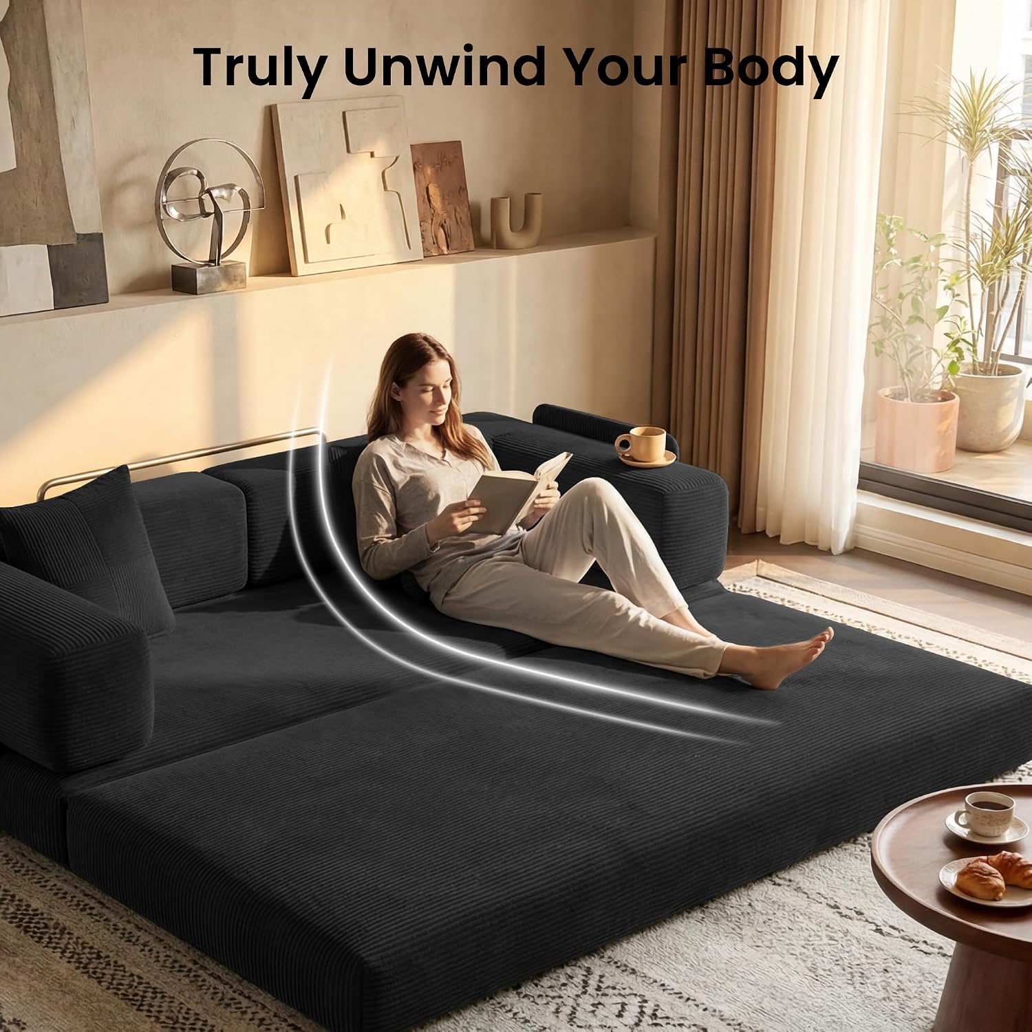78.8' Convertible Sofa Bed,Corduroy Futon Couch with Storage Pocket,Folding Pull Out Futon Sofa, No Assembly Boneless Couch for Living Room,Black