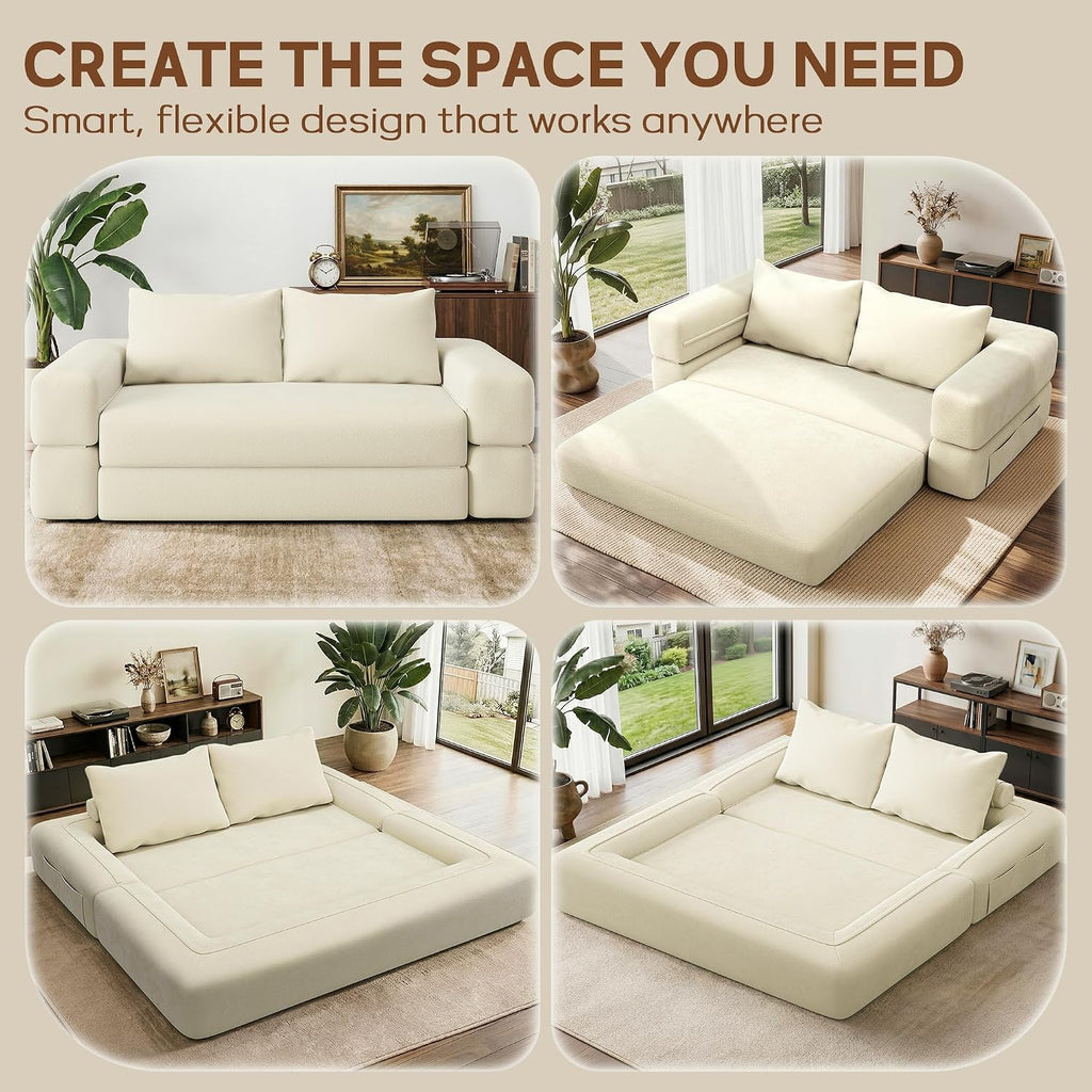 75'' Folding Convertible Sofa Bed with Large Pillow, 4-in-1 Foldable Pull Out Futon Sofa Bed, Chenille Boneless Mattress Couch, No Assembly Floor Sleeper Sofa Bed for Living Room/Bedroom, Beige