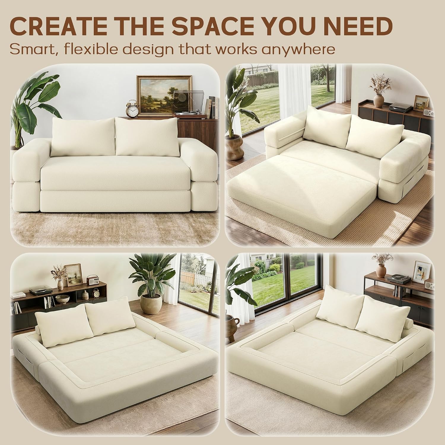 75'' Folding Convertible Sofa Bed with Large Pillow, 4-in-1 Foldable Pull Out Futon Sofa Bed, Chenille Boneless Mattress Couch, No Assembly Floor Sleeper Sofa Bed for Living Room/Bedroom, Beige