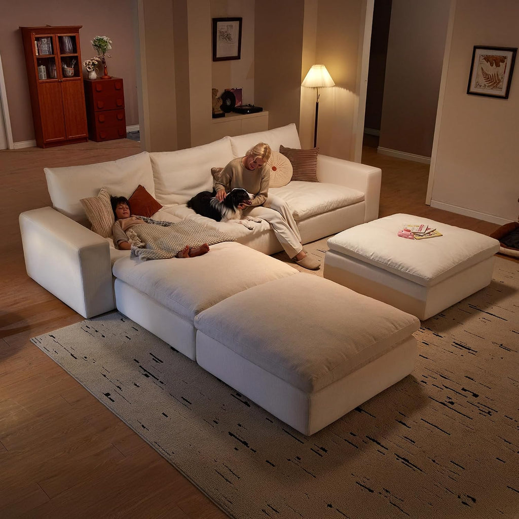 Cloud Couch Sectional 113.2'' Oversized Modular Deep Seat Sofa L Shaped Comfy White Cloud Couch with Washable Cover for Living Room 3 Seater with 1 Ottoman