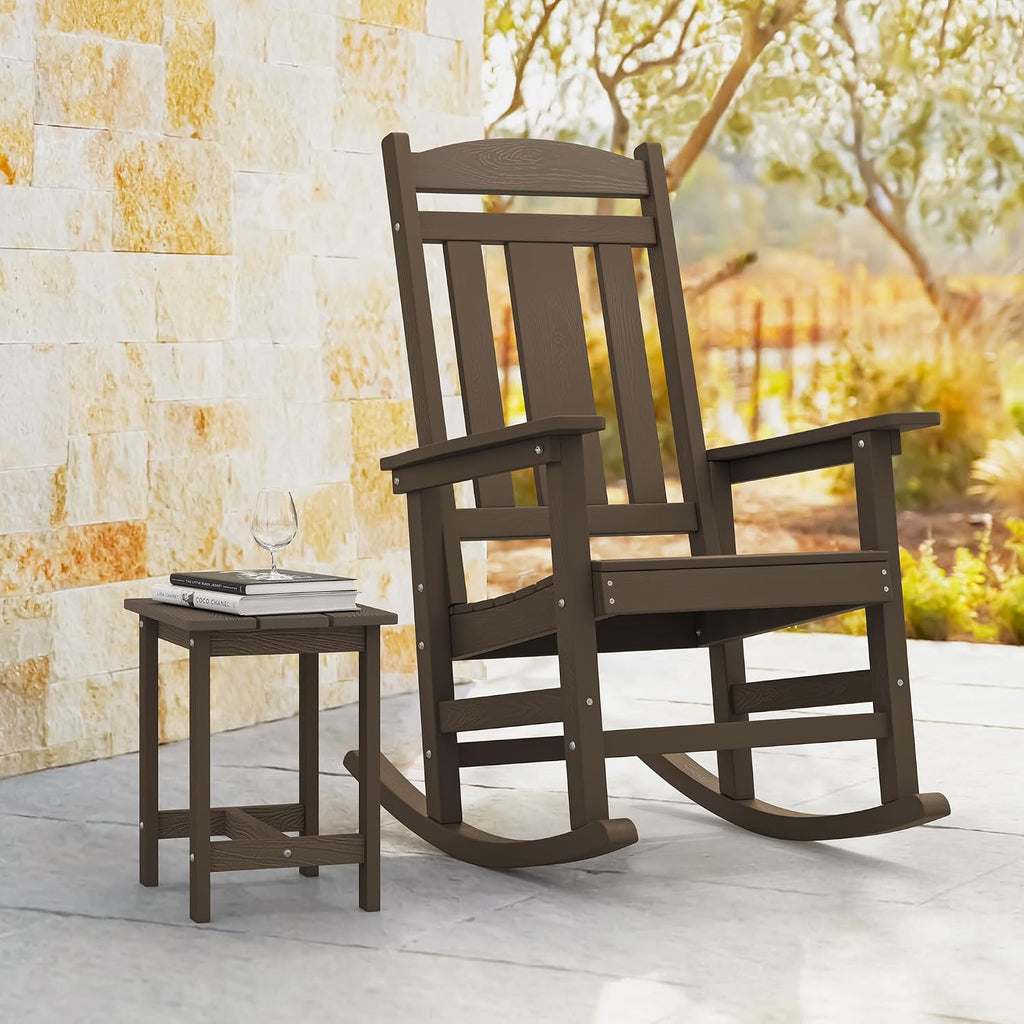 LUE BONA Outdoor Rocking Chairs Set, 3-Piece, Poly Porch Rockers with Table, Plastic Weather Resistant Rocking Chair Set for Outdoor Indoor, Garden, Backyard, 350lb, Brown, Chairs+Table