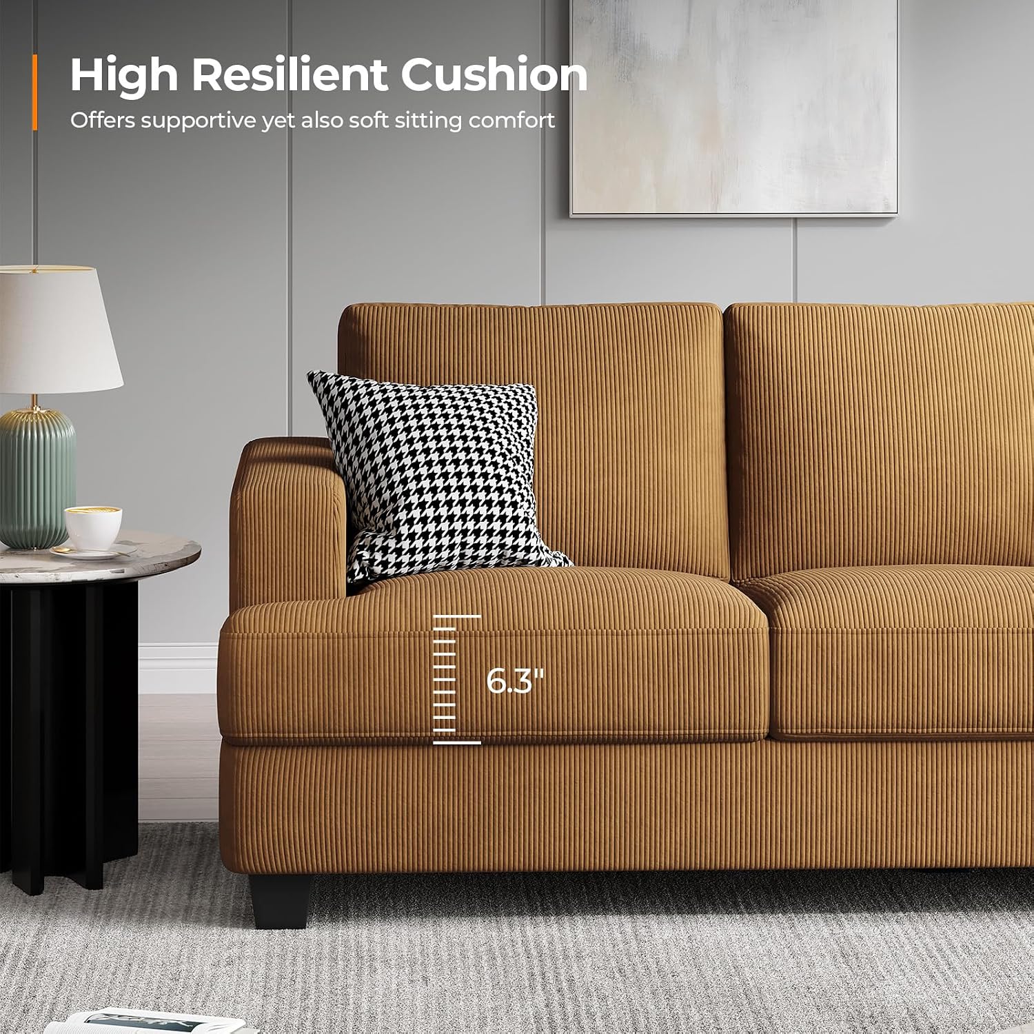 COPIAE 89 Inch Sofa with Extra Deep Seats Oversize, 3 Seater Sofa for Living Room, Modern Couch and Sofa, Comfy Armrests and Seats and Backrests, Easy Installation, Corduroy Fabric Ginger Yellow