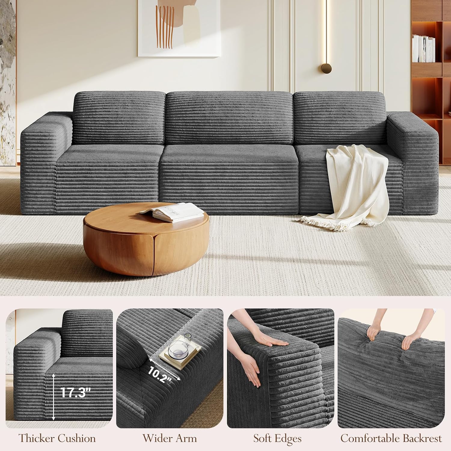 Vesgantti 119' Modular Sectional Sofa, Corduroy Cloud Couch with Deep Seating & Spring Support, 3 Seater Flexible Layout Sofa, Boneless Couch for Living Room & Apartment, No Assembly Required, Grey