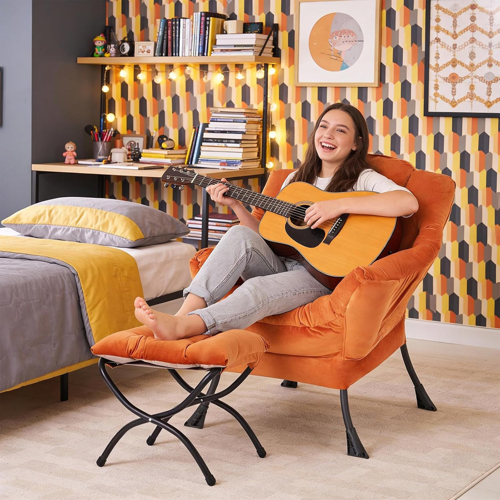 MBOOYOME Lazy Chair with Folding Ottoman, Modern Accent Armchair with Armrests, Side Pocket & Foldable Footstool, Reading Chair for Living Room, Bedroom, Dorm & Office, Velvet Orange