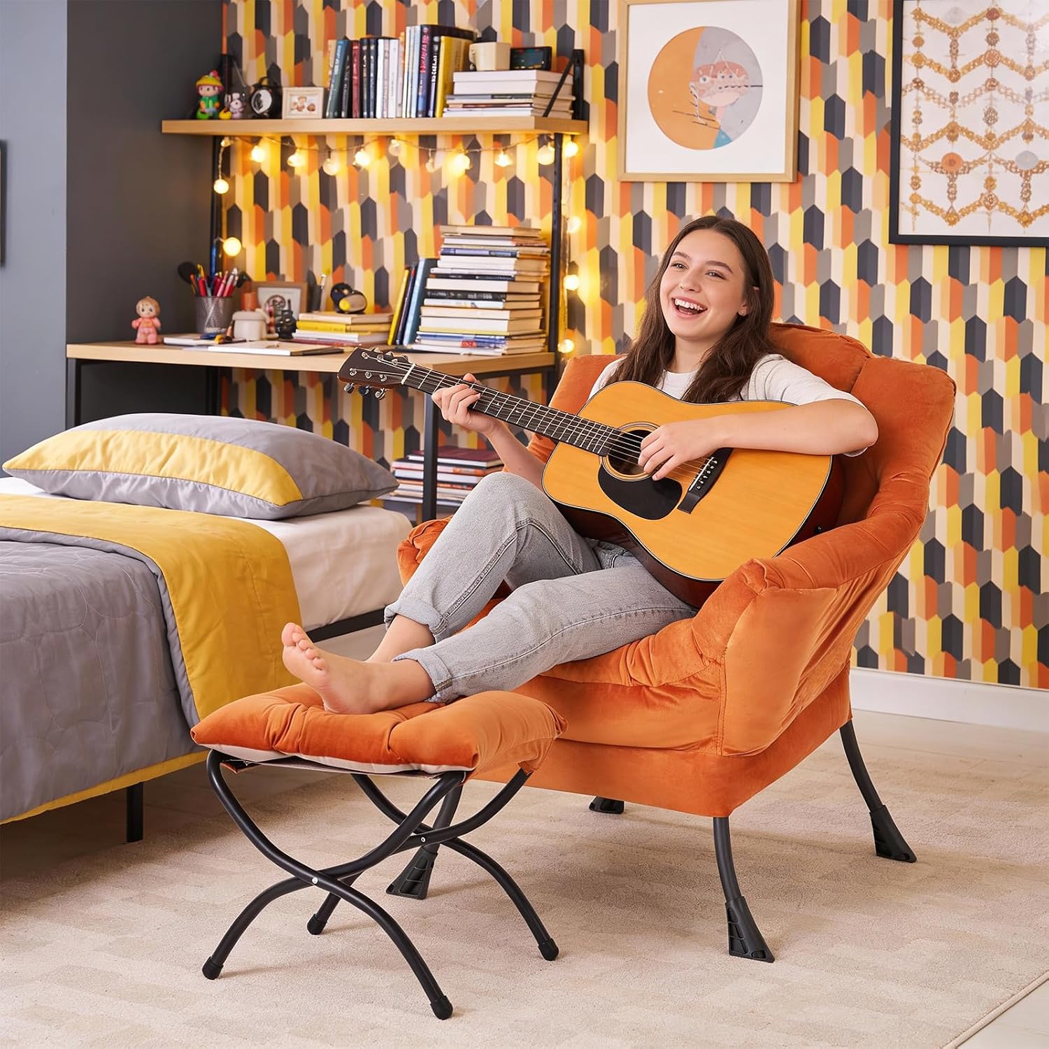 MBOOYOME Lazy Chair with Folding Ottoman, Modern Accent Armchair with Armrests, Side Pocket & Foldable Footstool, Reading Chair for Living Room, Bedroom, Dorm & Office, Velvet Orange