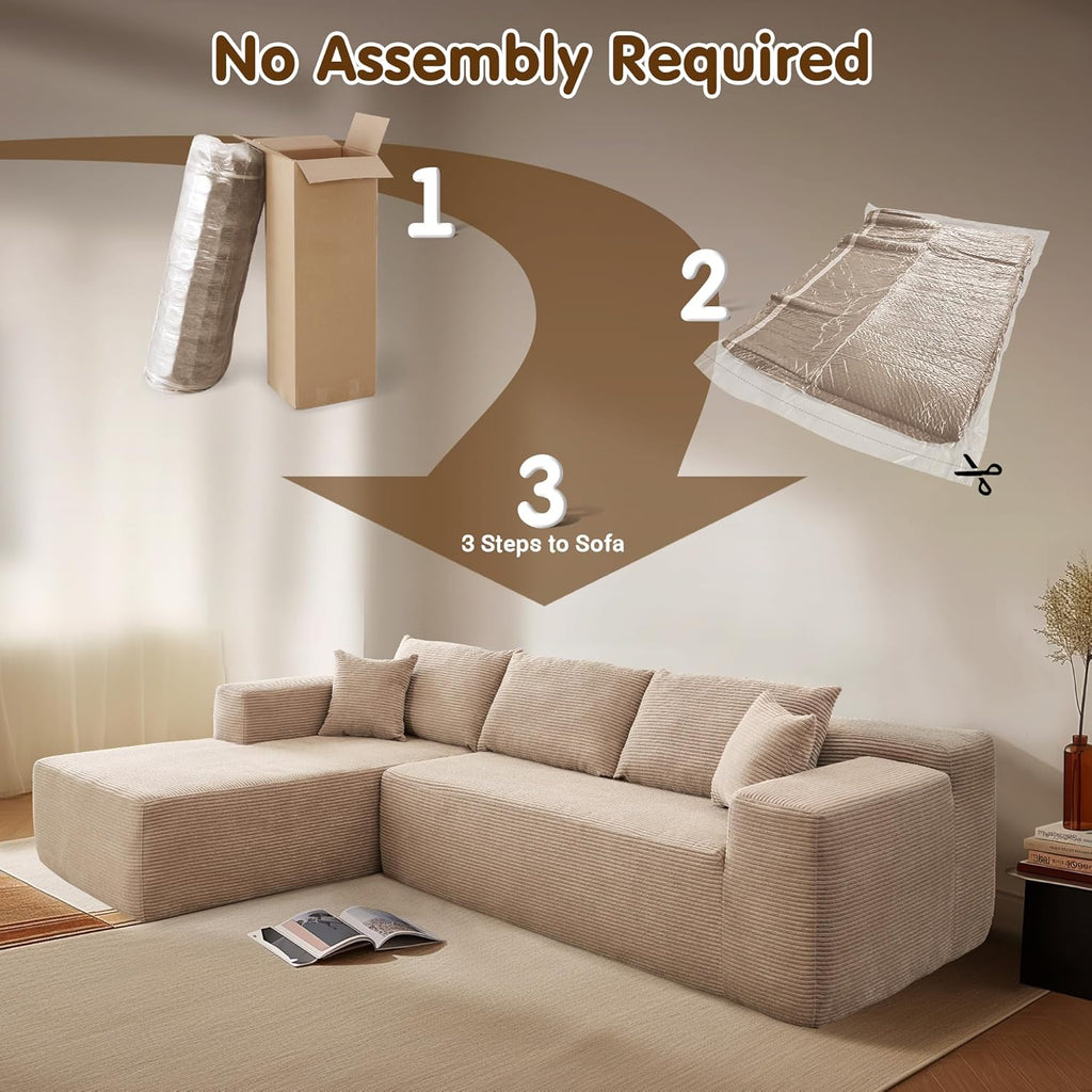 ovios 104' Cloud Boneless Couch with L-Shape Chaise,Modern Sectional Modular Sofa with Deep Seat, Upholstered Couches for Living Room Bedroom,No Assembly Required, Camel (Corduroy Fabric)