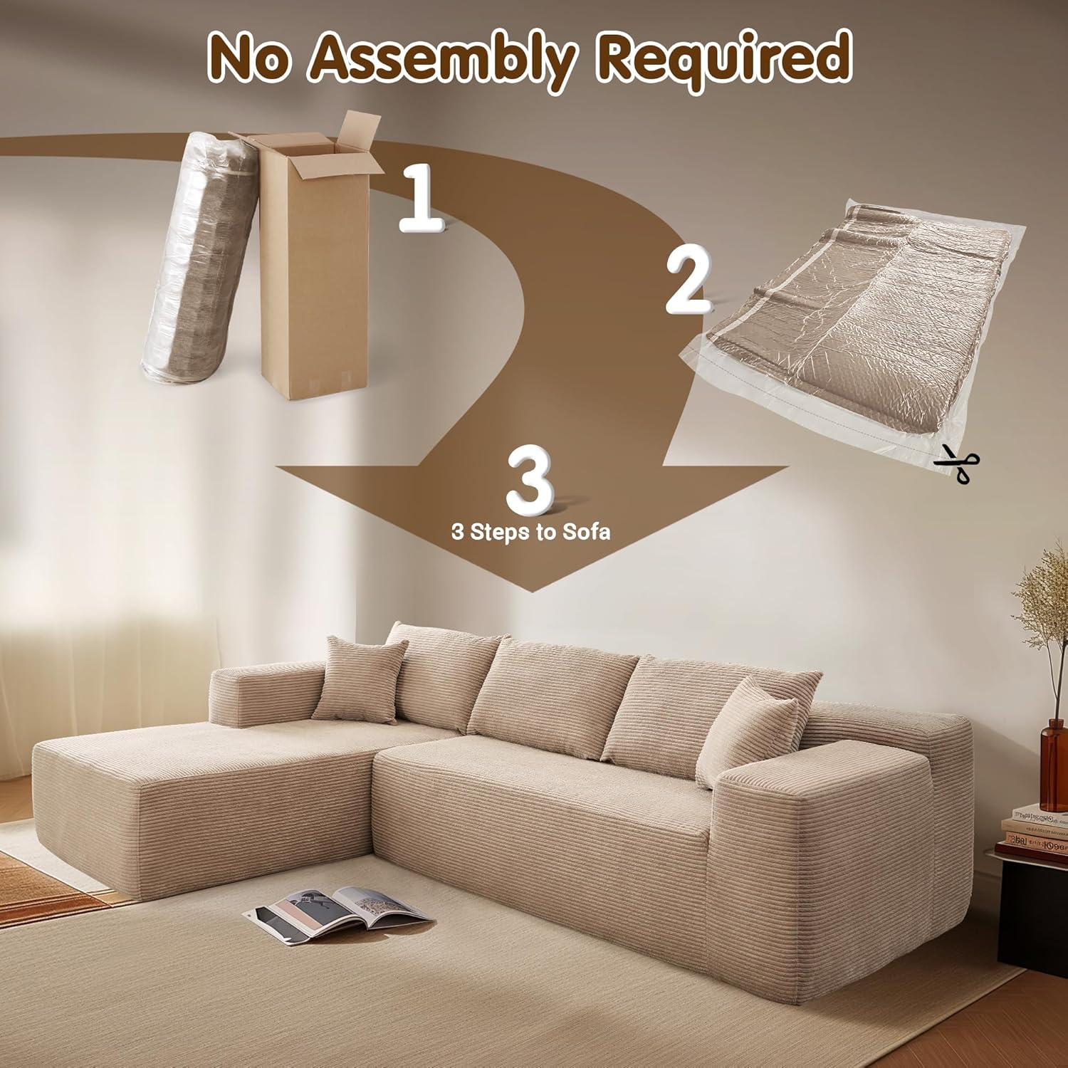 ovios 104' Cloud Boneless Couch with L-Shape Chaise,Modern Sectional Modular Sofa with Deep Seat, Upholstered Couches for Living Room Bedroom,No Assembly Required, Camel (Corduroy Fabric)