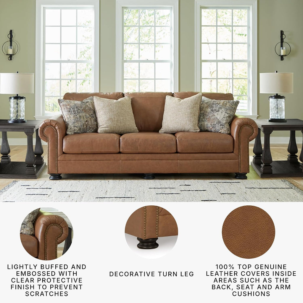 Signature Design by Ashley Carianna Classic 2-in-1 Leather Match Sofa Sleeper with Folding Gel Memory Foam Mattress and Nailhead Trim, Queen, Dark Brown