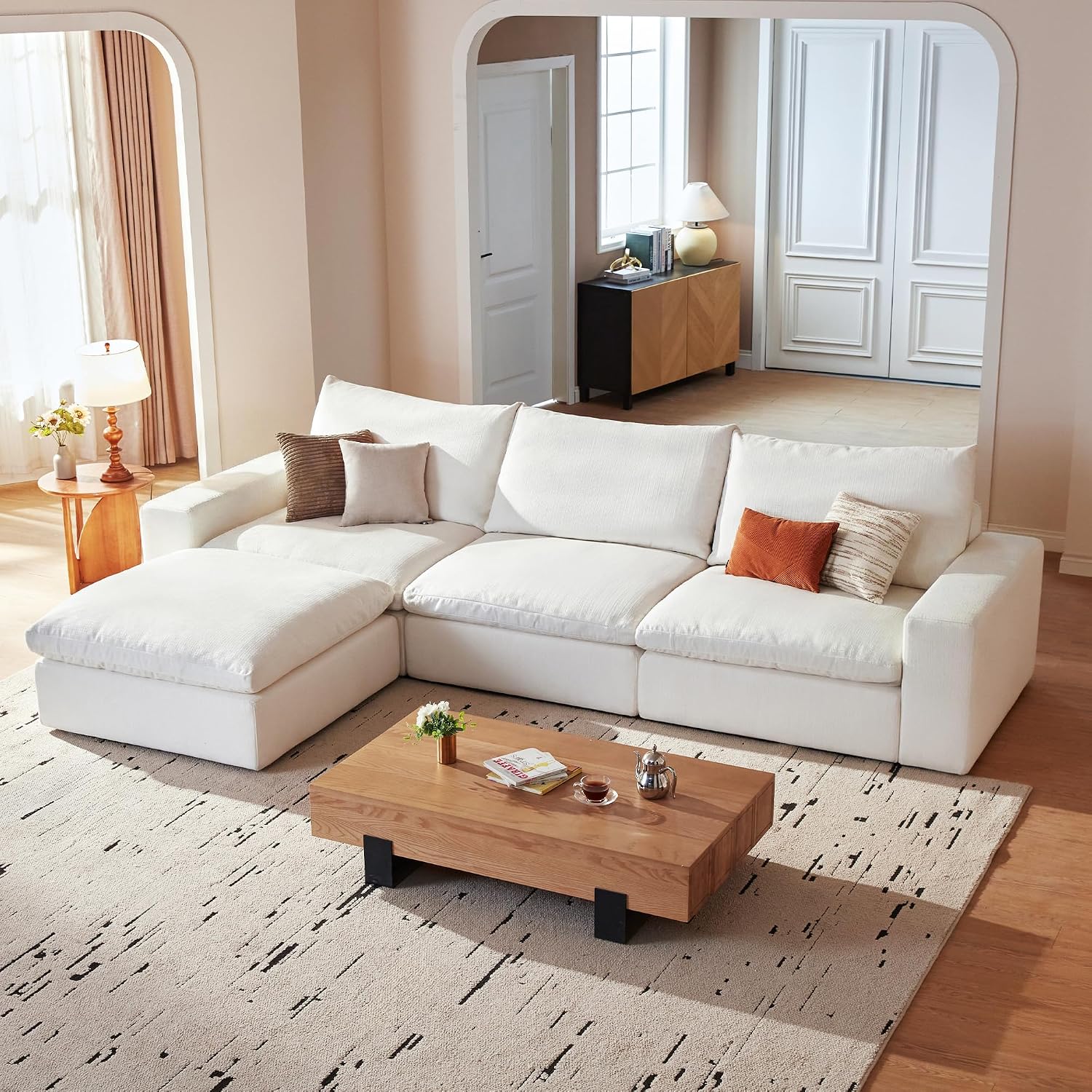 Cloud Couch Sectional 113.2'' Oversized Modular Deep Seat Sofa L Shaped Comfy White Cloud Couch with Washable Cover for Living Room 3 Seater with 1 Ottoman
