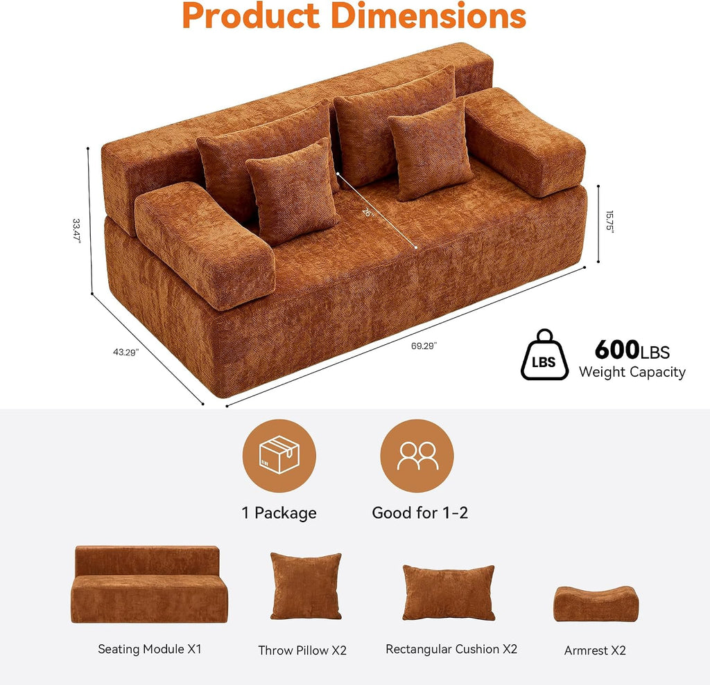 MONVANE 70' Loveseat Sofa with Removable Armrests, Comfy Chenille Cloud Couch with 4 Pillows, Modern Deep Seat Boneless Couch, 2 Seater Sofa for Living Room, No Assembly Required, Orange