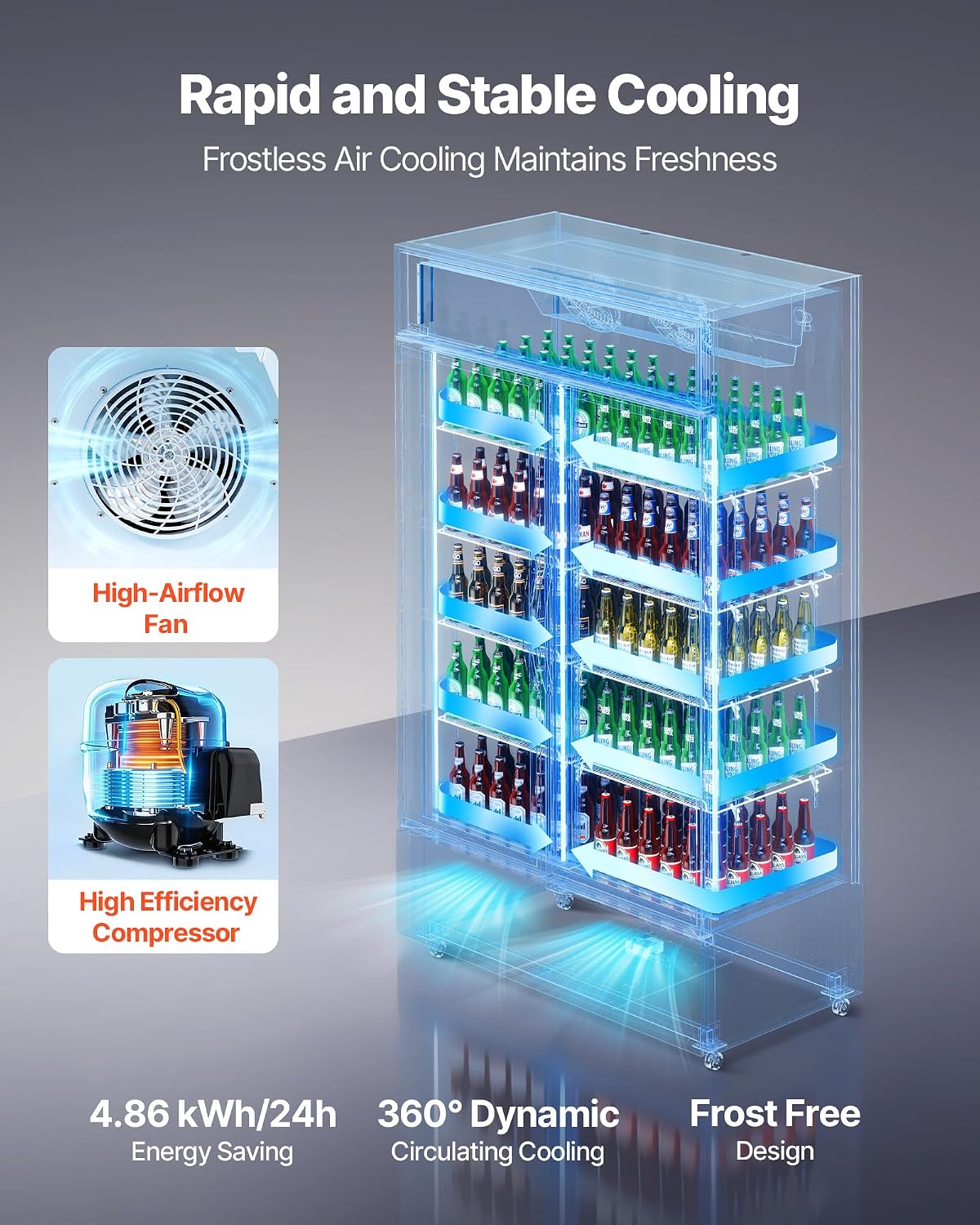 VEVOR Commercial Merchandiser Refrigerator, 35.3 Cu.Ft / 1000L Upright Beverage Cooler, 2 Glass Door Display Refrigerator with Customizable Lightbox, 8 Adjustable Shelves, Soft LED Lighting & Casters