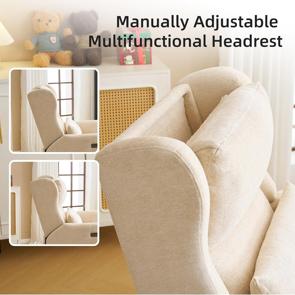 Oversized Swivel Rocker Recliner Chair, 26' Extra Wide Glider Nursery Chair with Adjustable Headrest, Chenille Power Recliner Rocking with Double Cushion, Cup Holder, Beige