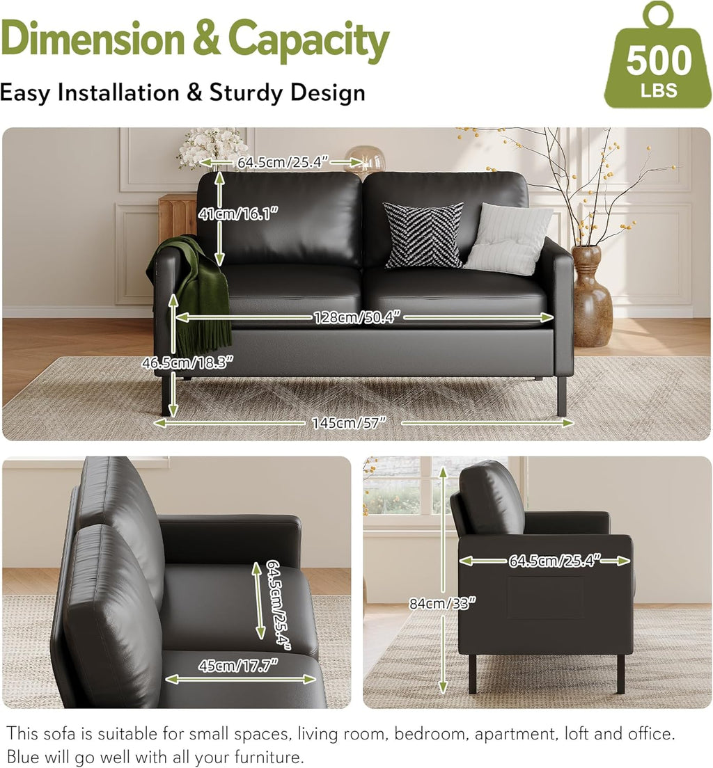 STHOUYN 56' W Faux Leather Loveseat w/ 2 USB, Black Love Seat w/Side Pockets, Small Loveseat for Small Space, Leather Couch for Bedroom, Apartment, Dorm, Black