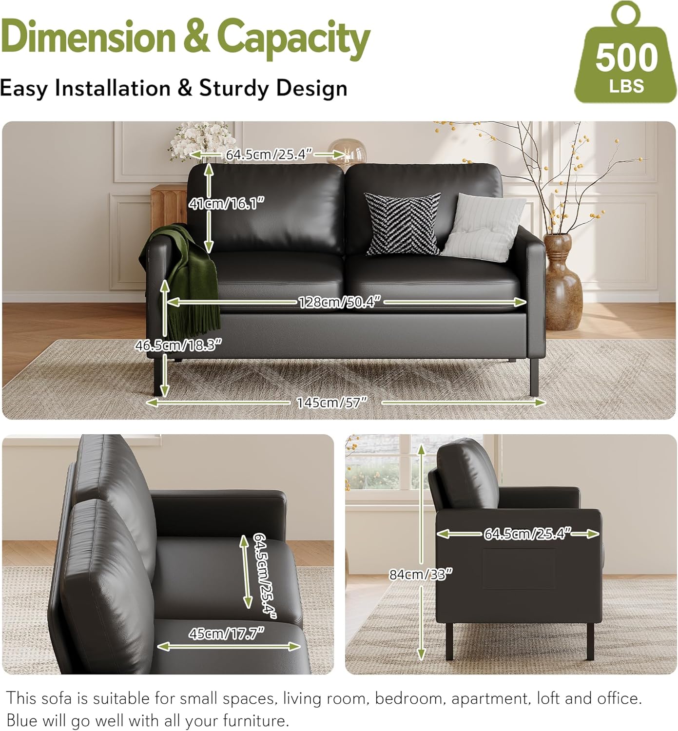 STHOUYN 56' W Faux Leather Loveseat w/ 2 USB, Black Love Seat w/Side Pockets, Small Loveseat for Small Space, Leather Couch for Bedroom, Apartment, Dorm, Black