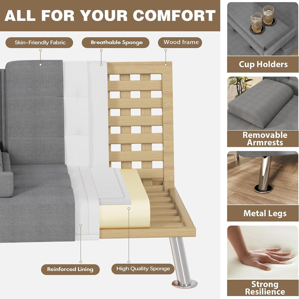 Homall Futon Sofa Bed, Futon Couch with Removable Armrests, Adjustable Recliner Sleeper Sofa Bed with Dual Cup Holders for Living Room, Apartment, Office (Fabric, Light Grey)