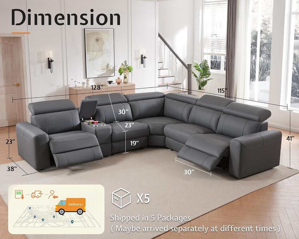 AMERLIFE Power Recliner Sectional Sofa with Storage/USB Port, Leather Recliner Sofa with Adjustable Headrest, Reclining Sectional Couches with Console and Cup Holder for Living Room (Gray, 5-Seater)