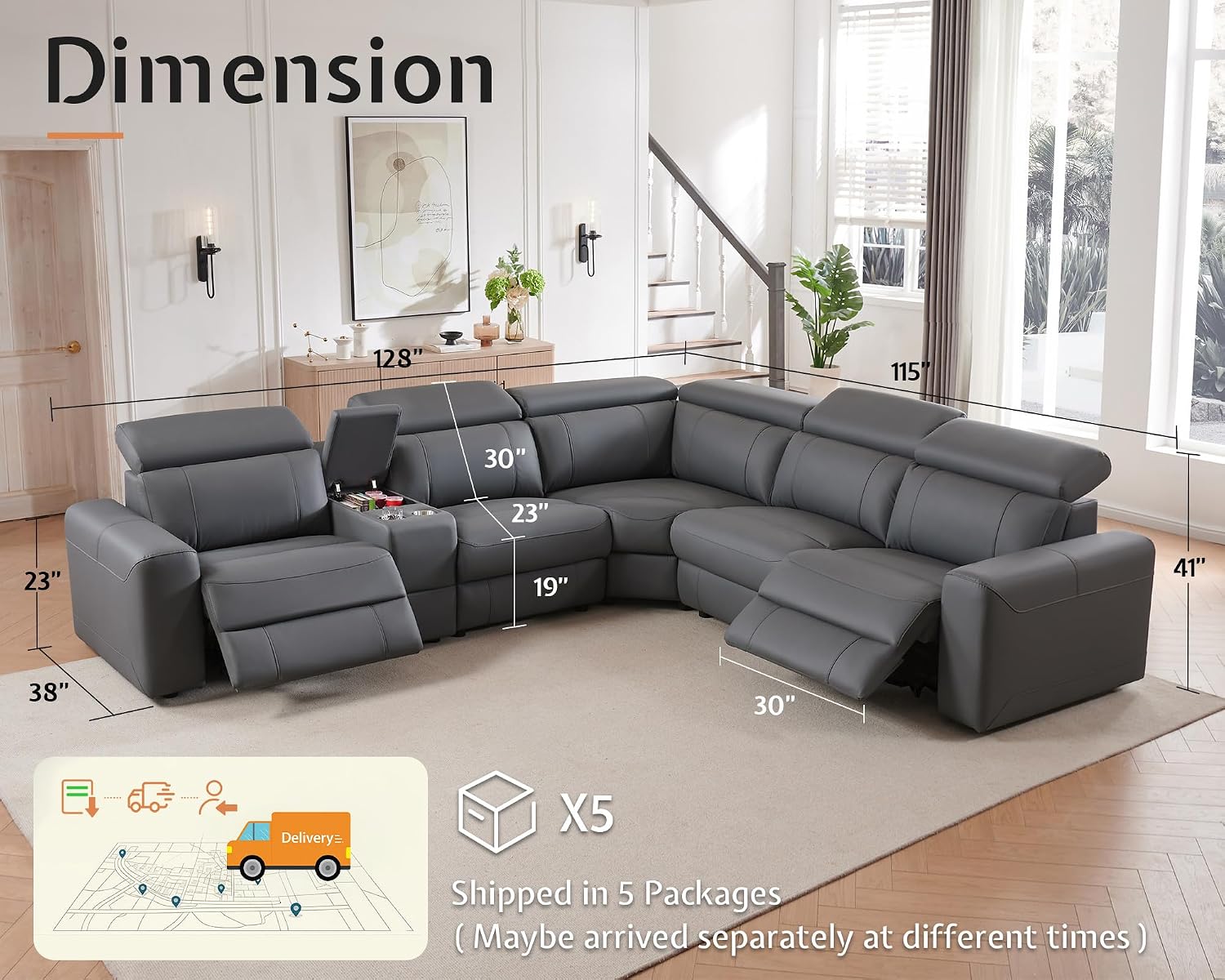 AMERLIFE Power Recliner Sectional Sofa with Storage/USB Port, Leather Recliner Sofa with Adjustable Headrest, Reclining Sectional Couches with Console and Cup Holder for Living Room (Gray, 5-Seater)