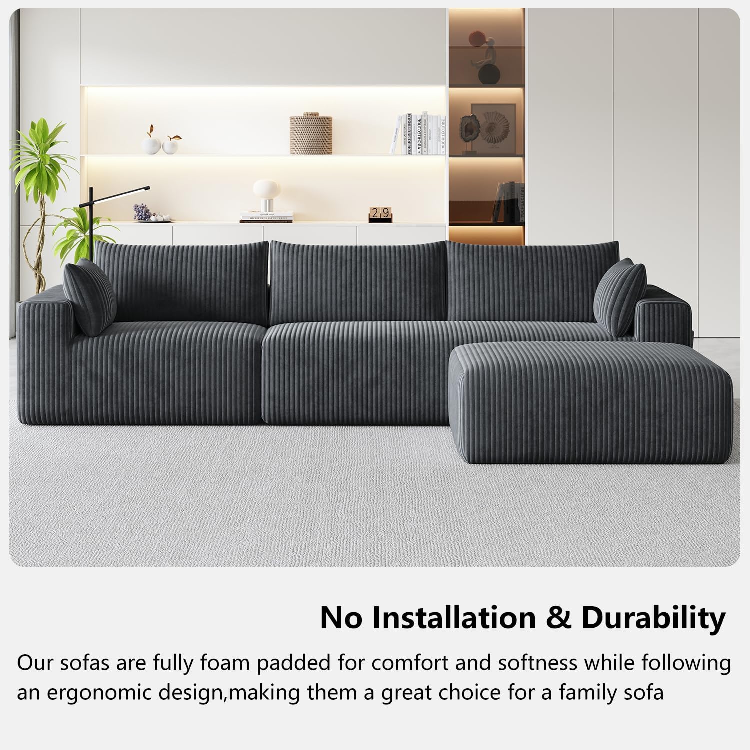 108' Cloud Couch Modular Sectional Sofa for Living Room,L Shaped Boneless Couch with Deep Seat Chaise,No Assembly Required Foam Sleeper Sofa for Apartments,Plush Corduroy Fabric, Dark Gray