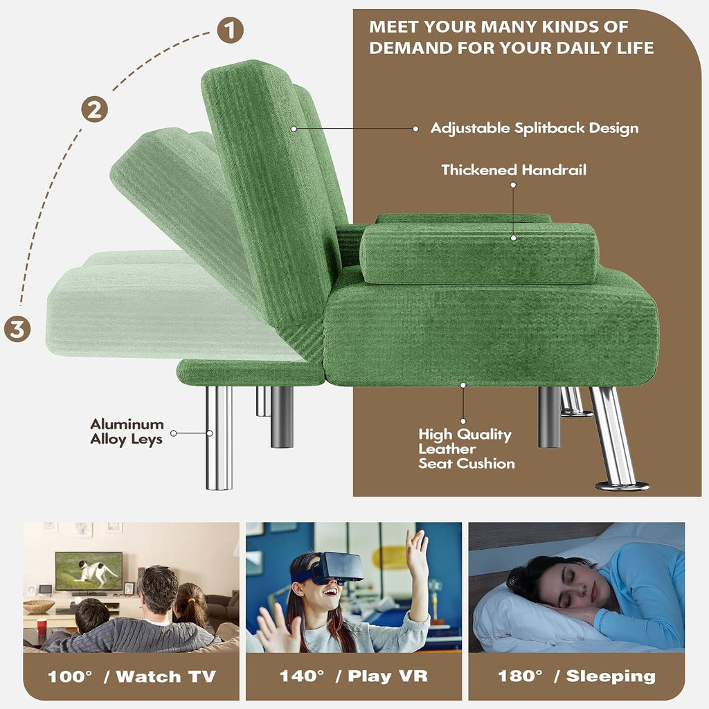Homall Futon Sofa Bed, Futon Couch with Removable Armrests, Adjustable Recliner Sleeper Sofa Bed with Dual Cup Holders for Living Room, Apartment, Office (Corduroy, Green)