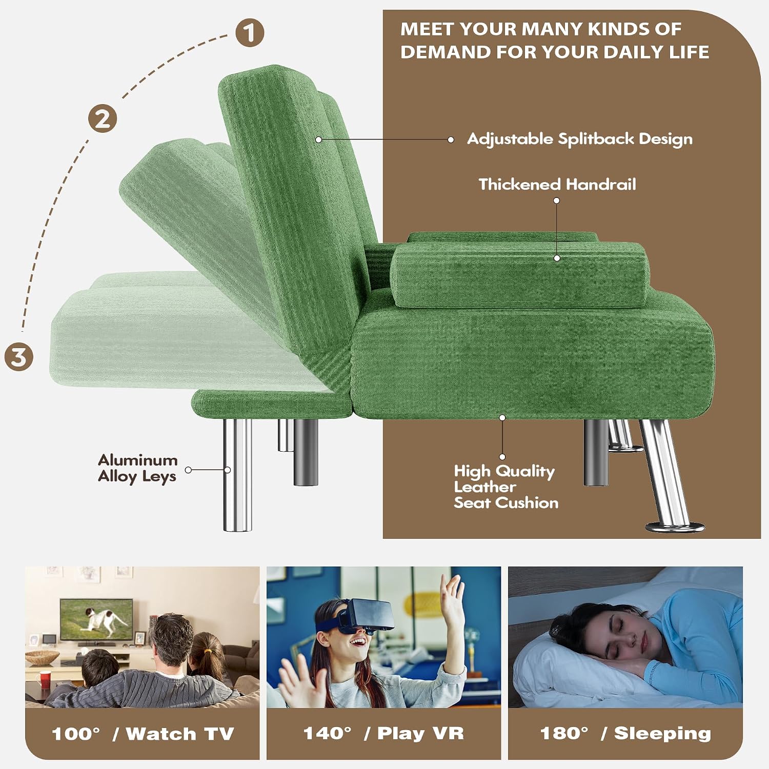 Homall Futon Sofa Bed, Futon Couch with Removable Armrests, Adjustable Recliner Sleeper Sofa Bed with Dual Cup Holders for Living Room, Apartment, Office (Corduroy, Green)