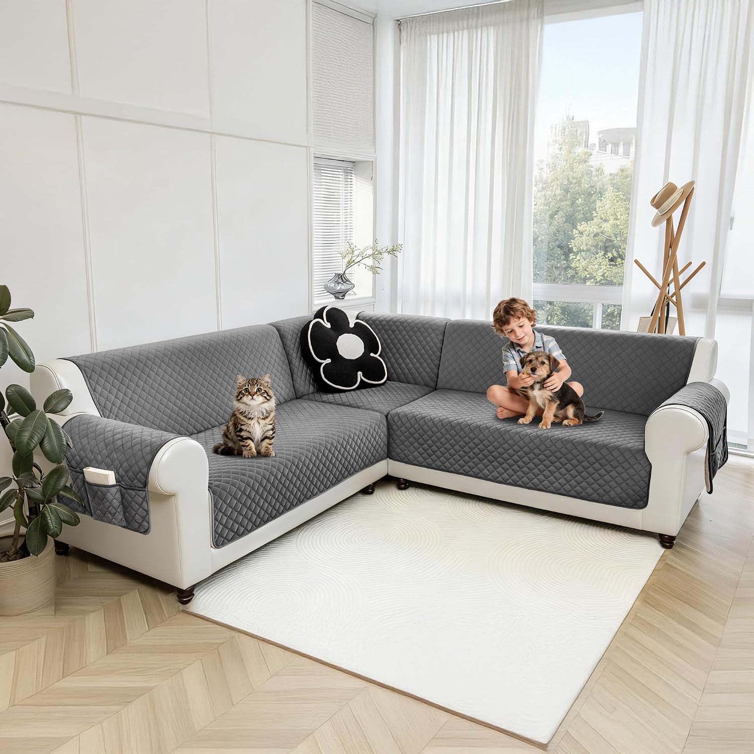 Sectional Couch Covers for Dogs 100% Waterproof Corner L Shaped Sofa Cover Pet Friendly Velvet Washable Anti Slip L Shape Modular Sofa Slipcover Protector with Pockets (Dark Gray, X-Large)