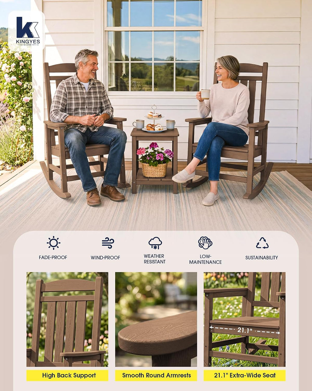 KINGYES Oversized HDPE Rocking Chairs Outdoor, Patio Rocking Chairs with 350lbs Support, Smooth Porch Rocker for Deck Lawn Yard, Brown