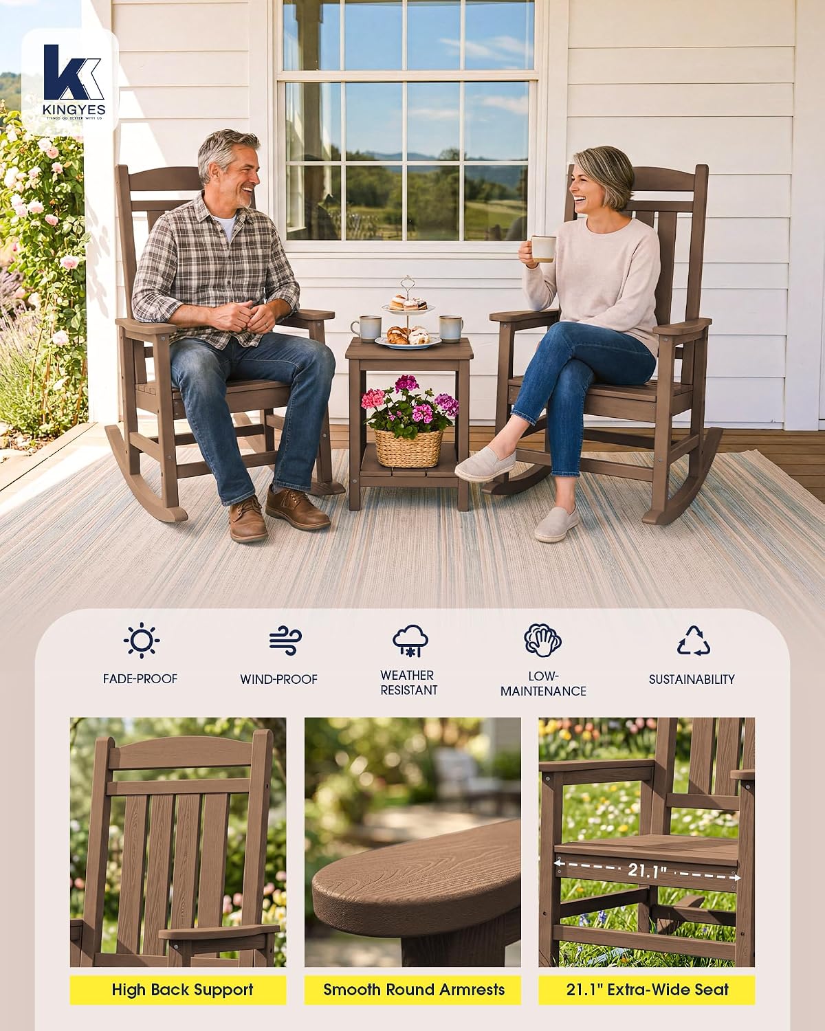 KINGYES Oversized HDPE Rocking Chairs Outdoor, Patio Rocking Chairs with 350lbs Support, Smooth Porch Rocker for Deck Lawn Yard, Brown