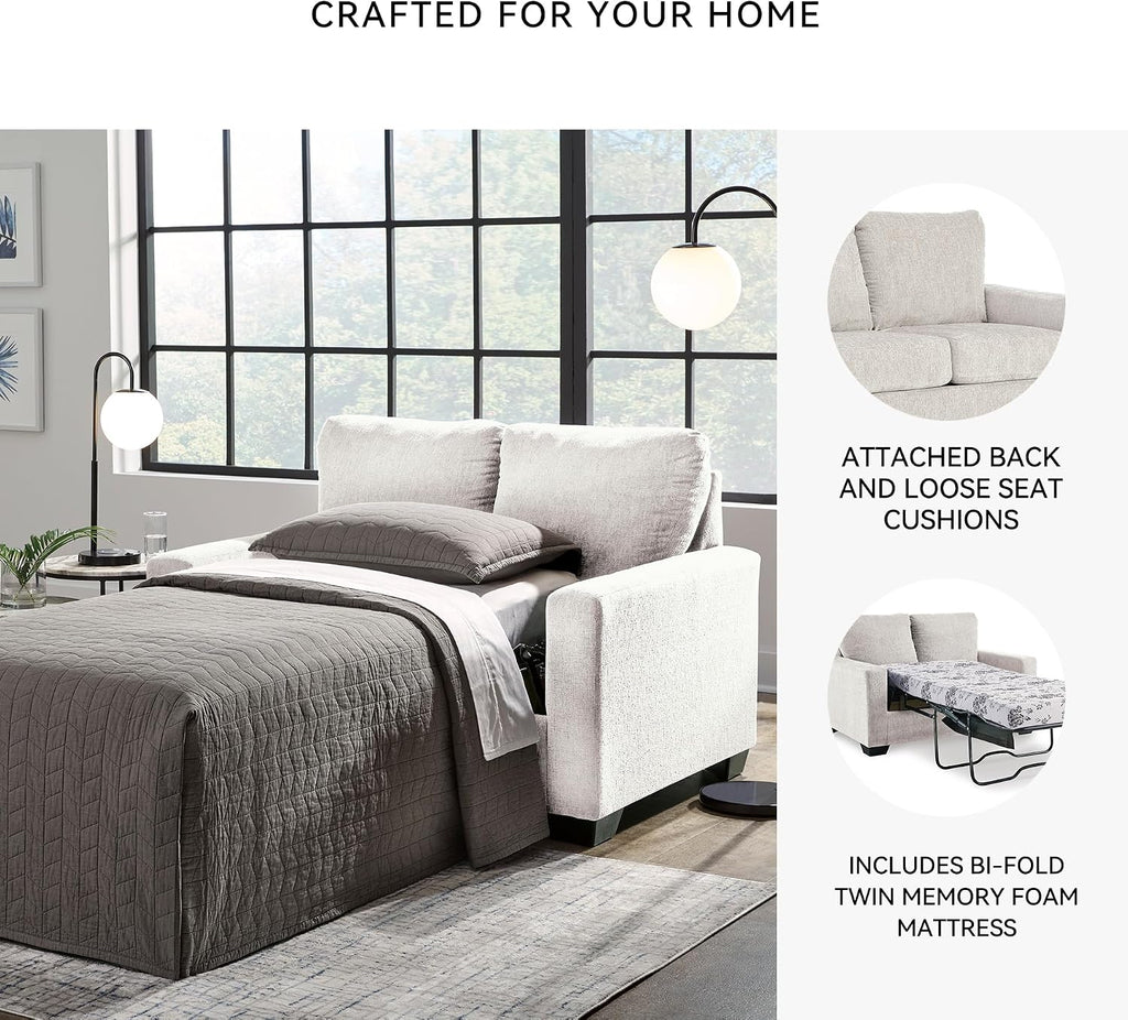 Signature Design by Ashley Rannis Coastal 2-in-1 Sofa Sleeper with Folding Gel Memory Foam Mattress, Twin, White