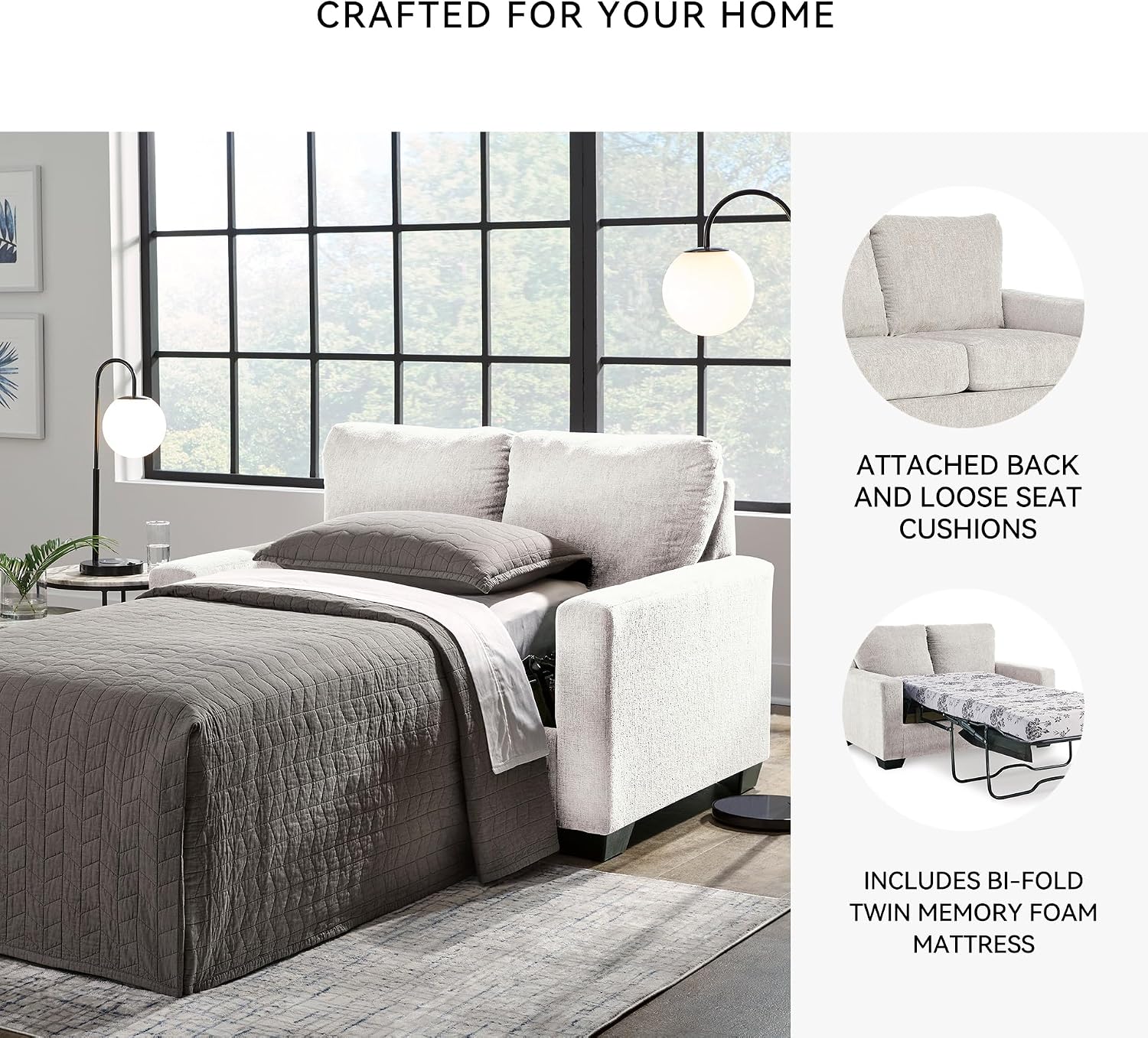 Signature Design by Ashley Rannis Coastal 2-in-1 Sofa Sleeper with Folding Gel Memory Foam Mattress, Twin, White