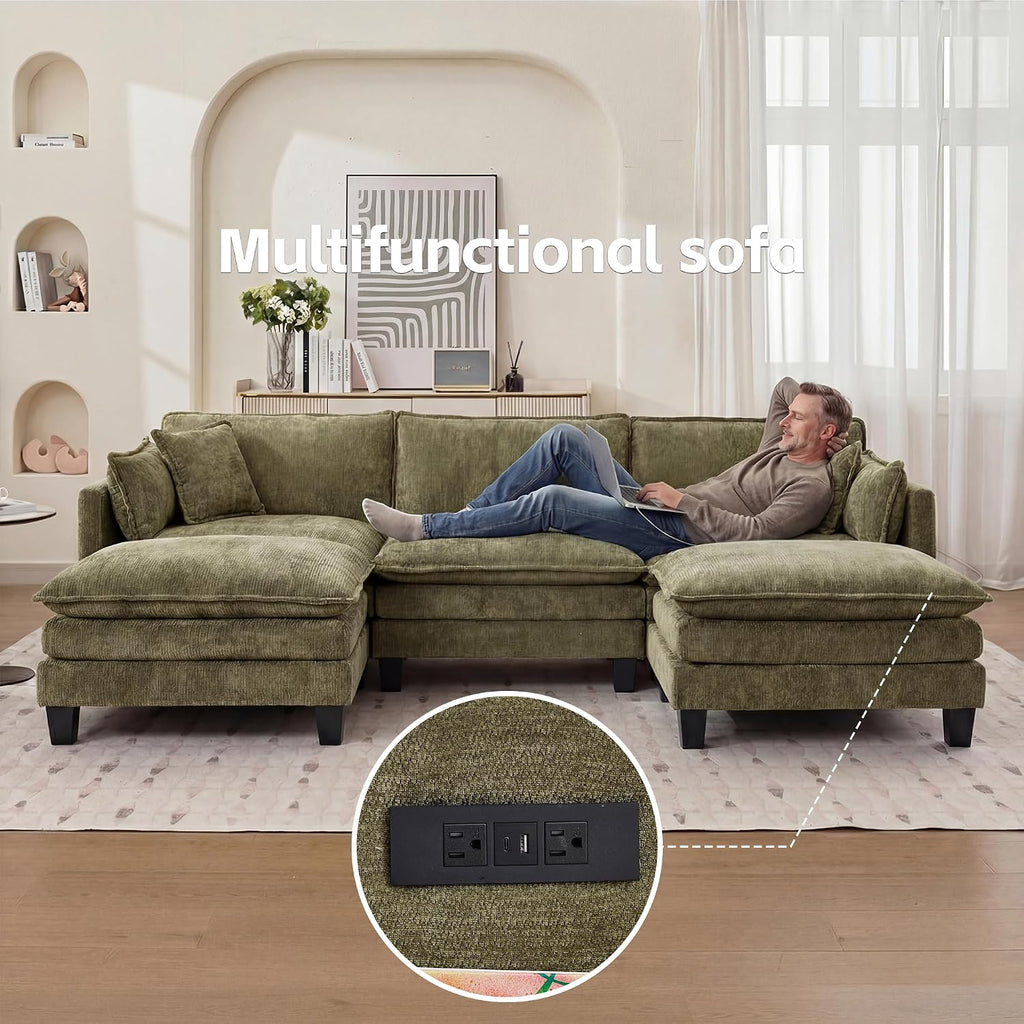 Opiesit Modular Sectional Sofa with Movable Ottoman, 110' 5-Seat Modern Couches for Living Room, Comfy U Shaped Couch Set with Deep Seat for Office and Apartment, Green Chenille Fabric