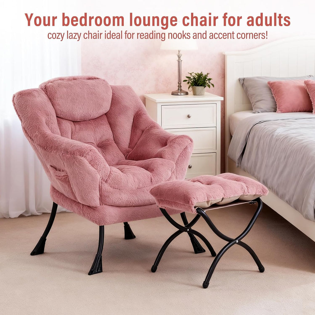 Furlide Lazy Chair with Ottoman, Modern Accent Chair with Armrests and a Side Pocket, Plush Dark Pink Accent Chairs, Reading Chairs, Oversized Armchairs for Bedroom, Study, Living Room, Courtyard