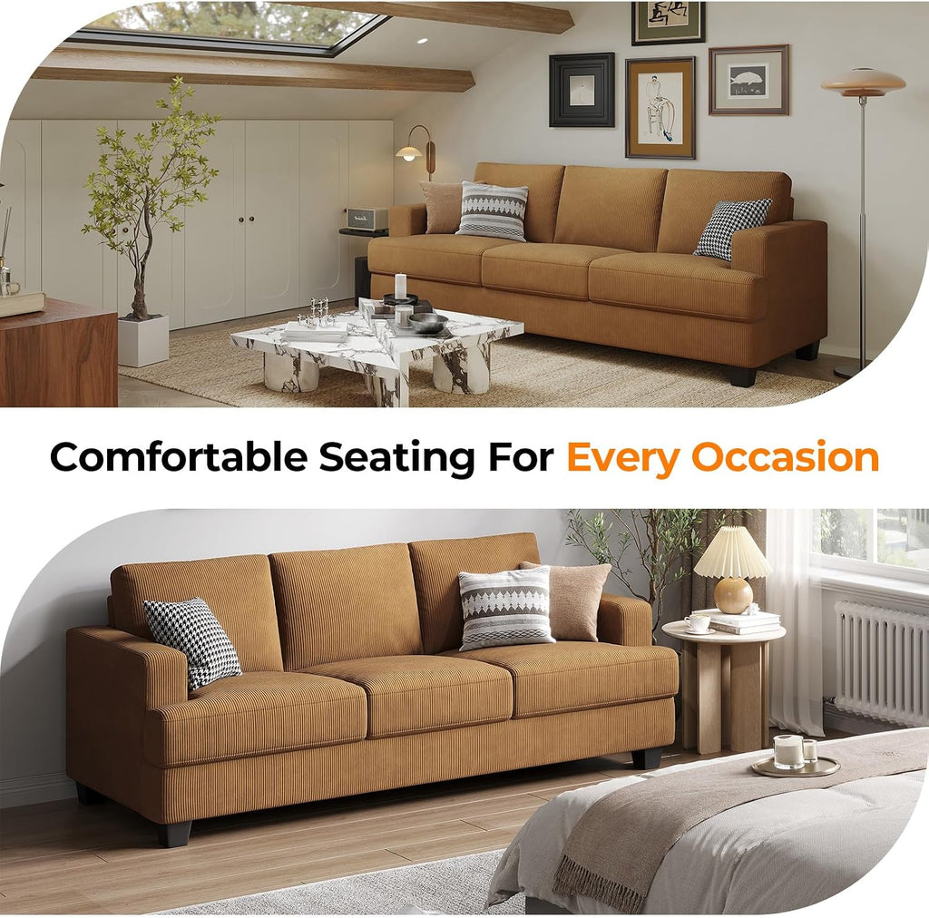 COPIAE 89 Inch Sofa with Extra Deep Seats Oversize, 3 Seater Sofa for Living Room, Modern Couch and Sofa, Comfy Armrests and Seats and Backrests, Easy Installation, Corduroy Fabric Ginger Yellow