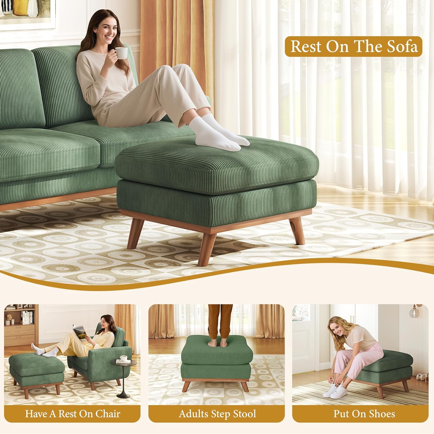Vesgantti Large Ottoman for Modular Sofa, 29.5' Corduroy Pouf Ottoman with Spring Cushion, Rectangle Foot Rest for Couch, Entrance Footstool with Wood Legs, Footstool for Living Room, Bedroom, Green