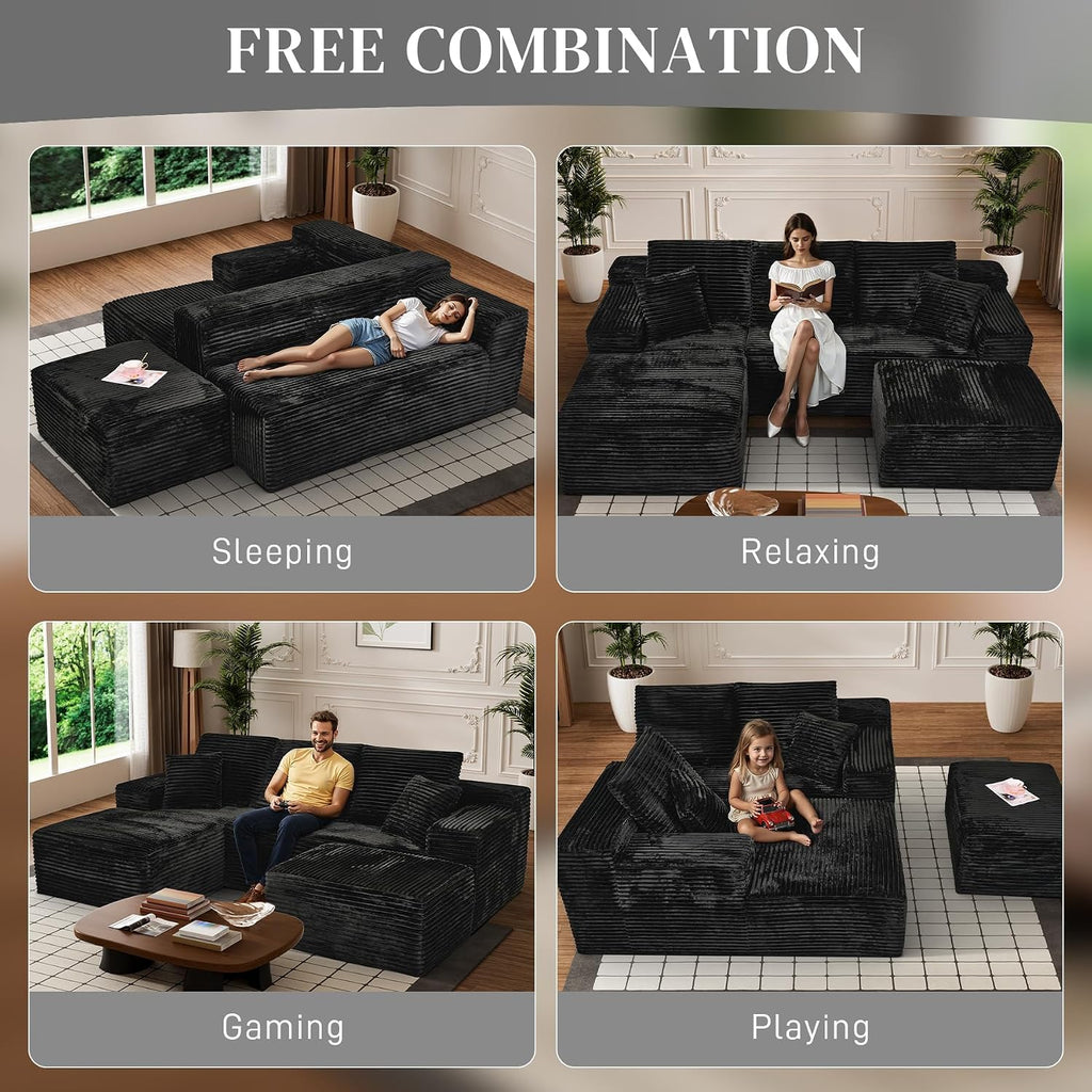 108' Boneless Couches for Living Room, U Shaped Comfy Cloud Modular Sectional Memory Foam Deep Seat Boneless Couch, No Assembly Required Sofa for Living Room with Left Facing Chaise & Ottoman, Black