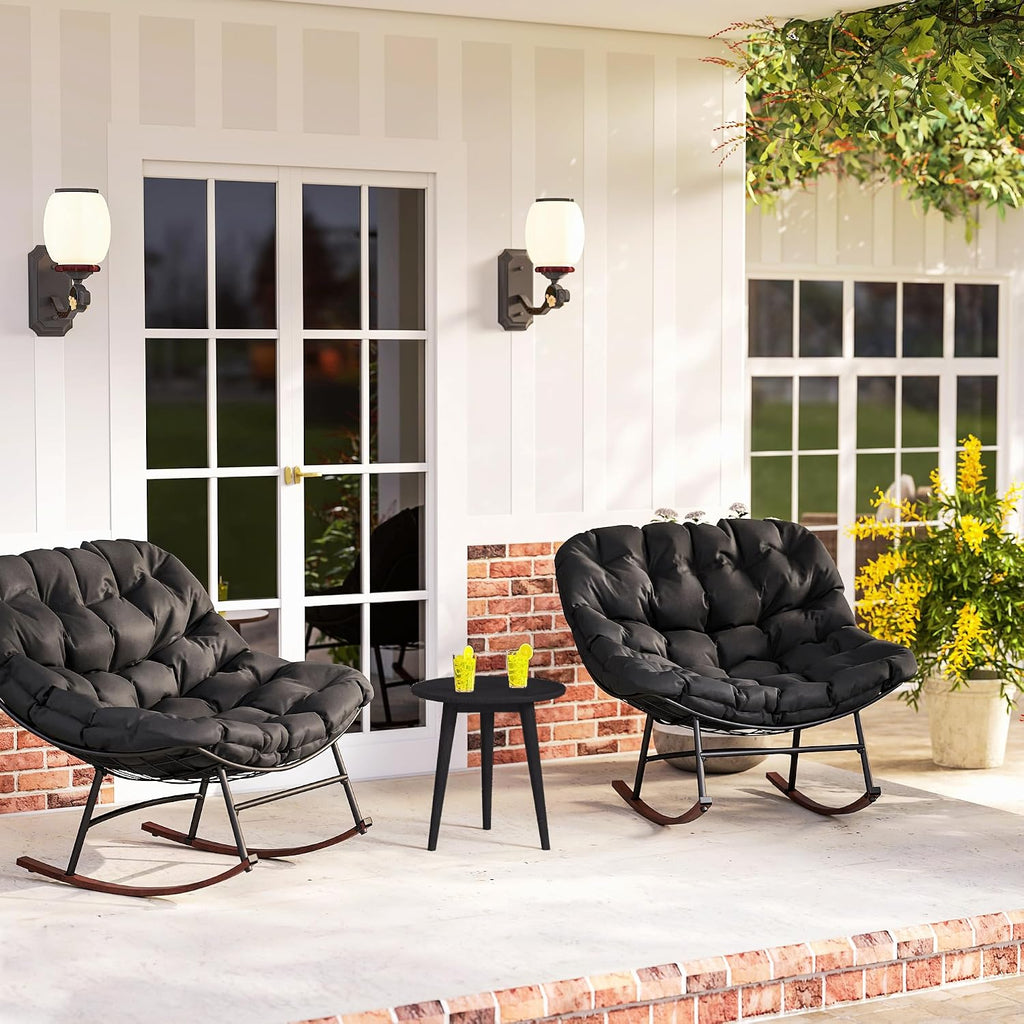 Outsunny Outdoor Rocking Chair Set of 2, Oversized Rocking Papasan Chairs with Cushions, Steel Frame, Comfy Outdoor Rockers for Patio Porch Lawn Garden, Black