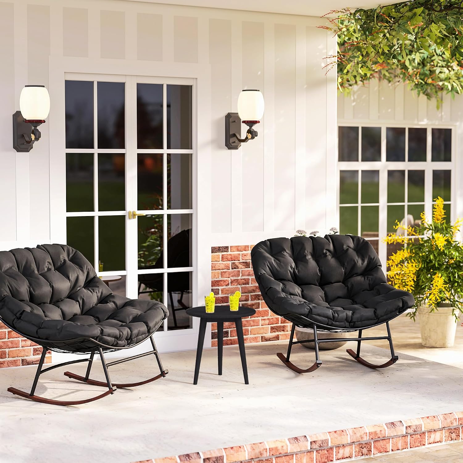 Outsunny Outdoor Rocking Chair Set of 2, Oversized Rocking Papasan Chairs with Cushions, Steel Frame, Comfy Outdoor Rockers for Patio Porch Lawn Garden, Black