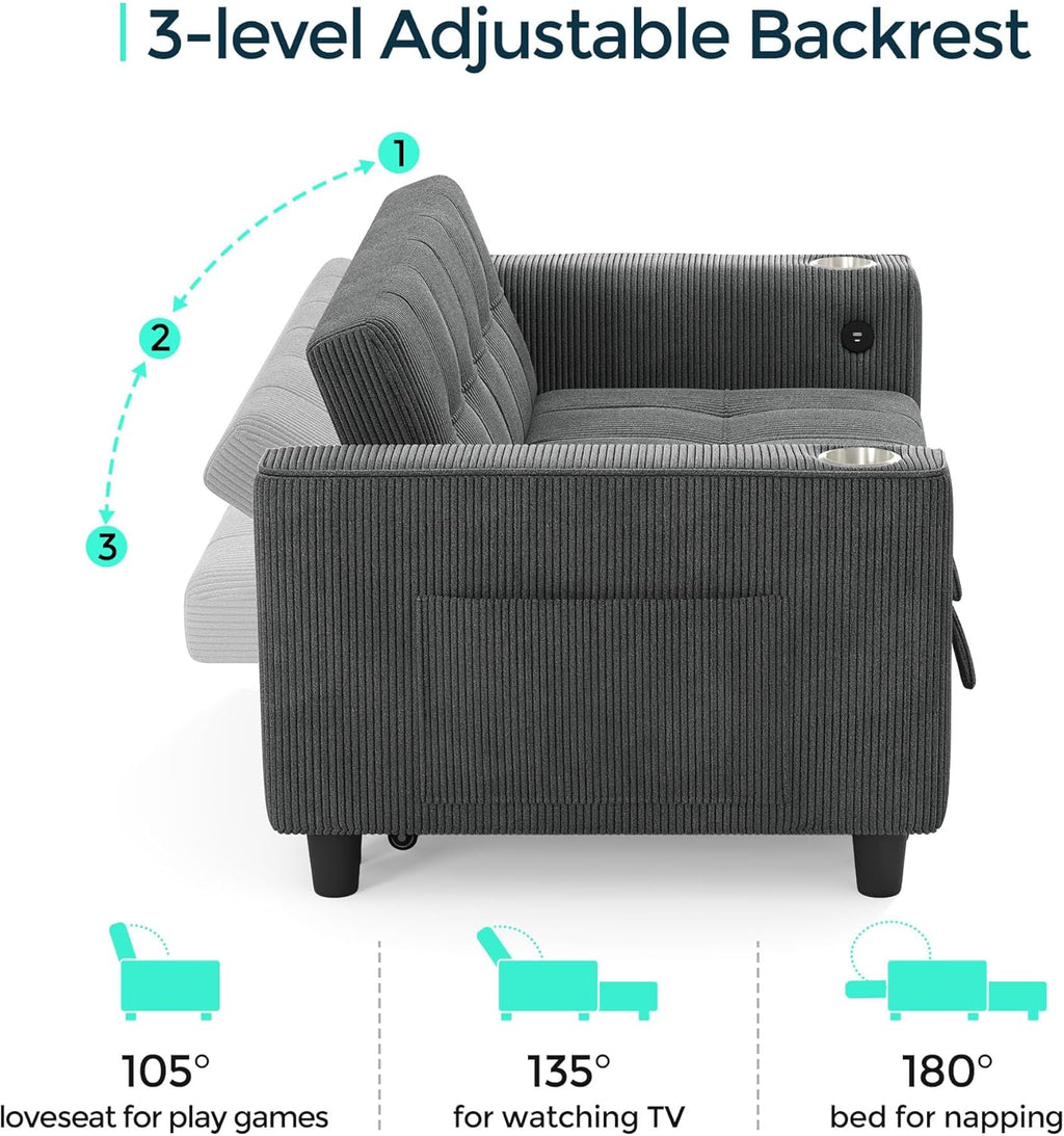 LINSY 54' Pull Out Couch with Charging Station - Sleeper Sofa Bed with Cup Holder, Small 3 in 1 Convertible Loveseat Sleeper Couch for Apartment, Dorm Room, Bedroom and Small Space, Dark Gray