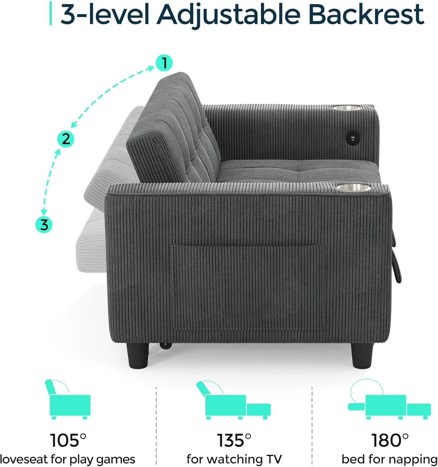 LINSY 54' Pull Out Couch with Charging Station - Sleeper Sofa Bed with Cup Holder, Small 3 in 1 Convertible Loveseat Sleeper Couch for Apartment, Dorm Room, Bedroom and Small Space, Dark Gray