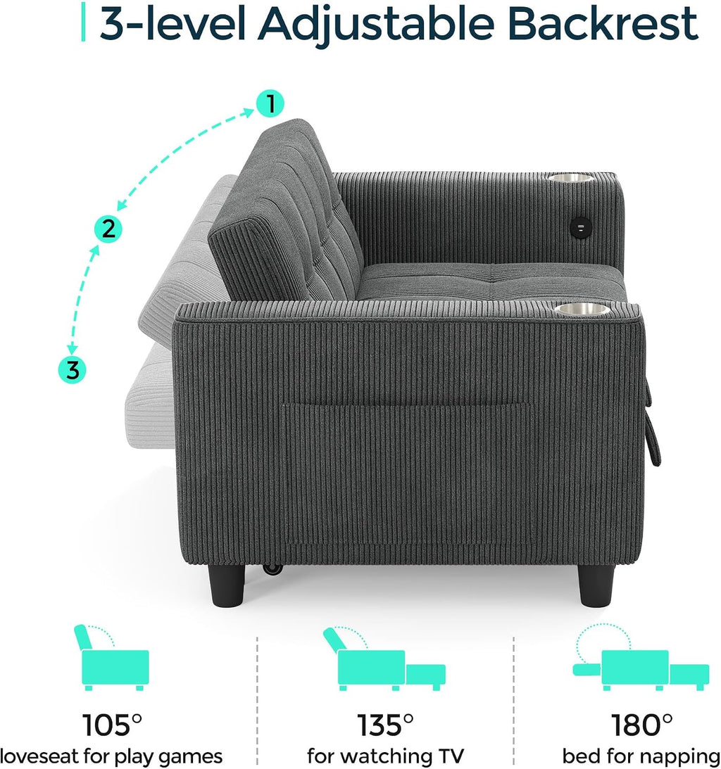LINSY Sleeper Sofa Bed, 54' Pull Out Couch with Charging Station & Cup Holder, Small 3 in 1 Convertible Loveseat Sleeper Couch for Apartment, Dorm Room, Bedroom and Small Space, Corduroy Gray