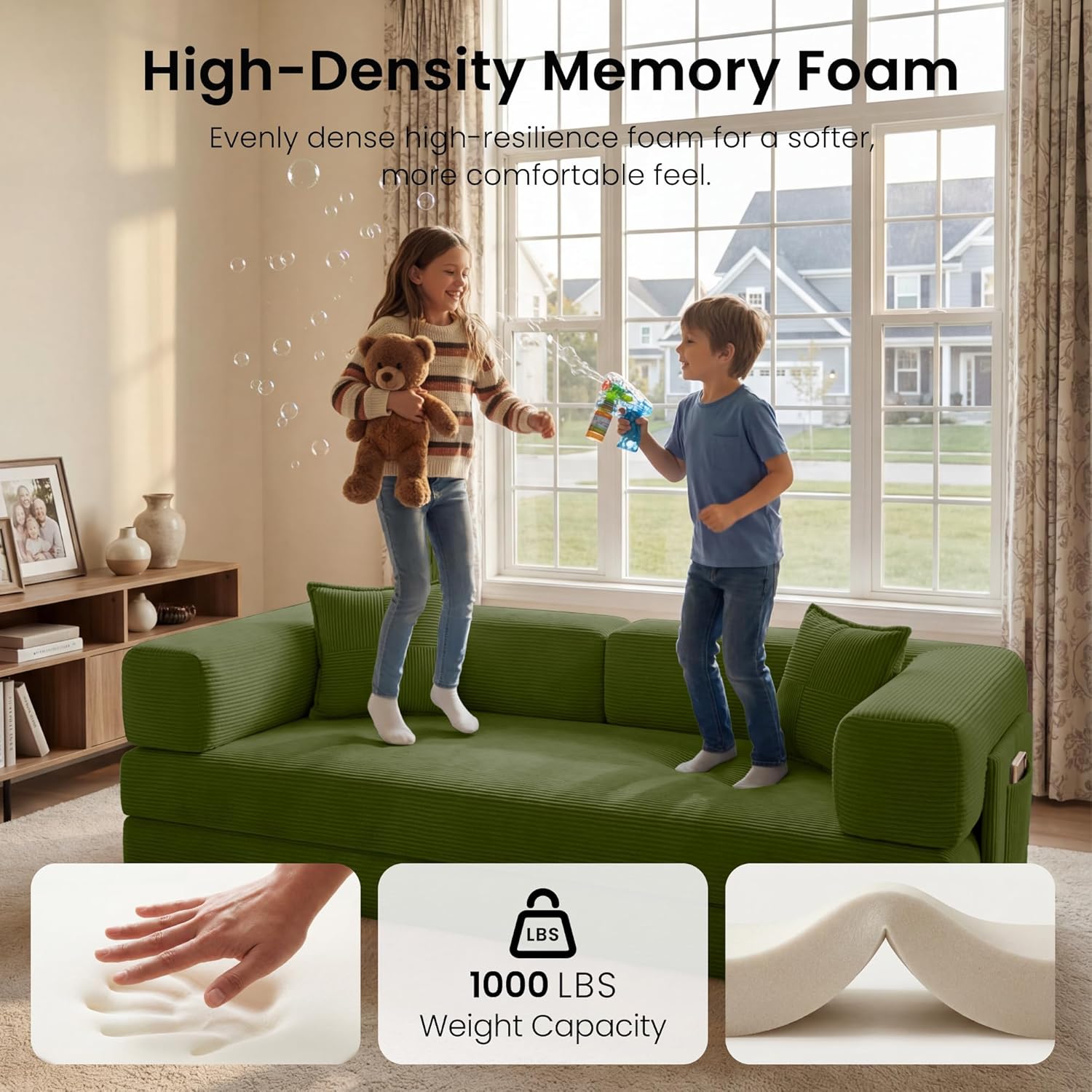 78.8' Convertible Sofa Bed,Corduroy Futon Couch with Storage Pocket,Folding Pull Out Futon Sofa,No Assembly Boneless Couch for Living Room,Green